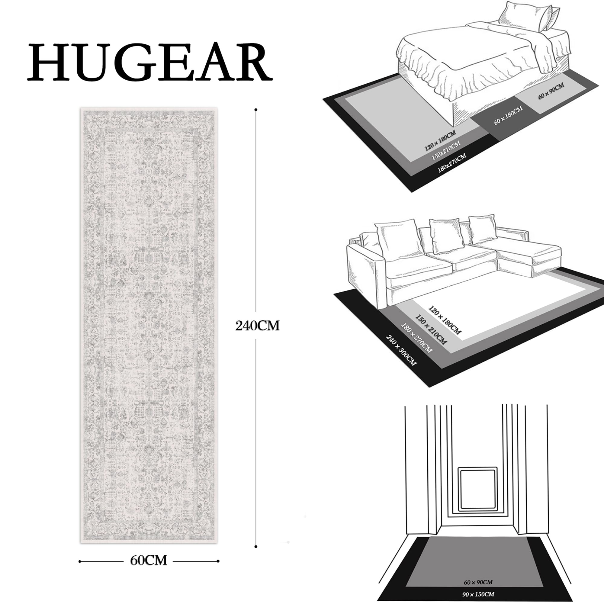 HUGEAR Vintage Grey Hallway Runner Washable Non Slip Rugs Long Area Rug 60x240cm Bedroom Kitchen Lounge Bedside Office Indoor Carpets Low Pile Carpet Runners - Image 2