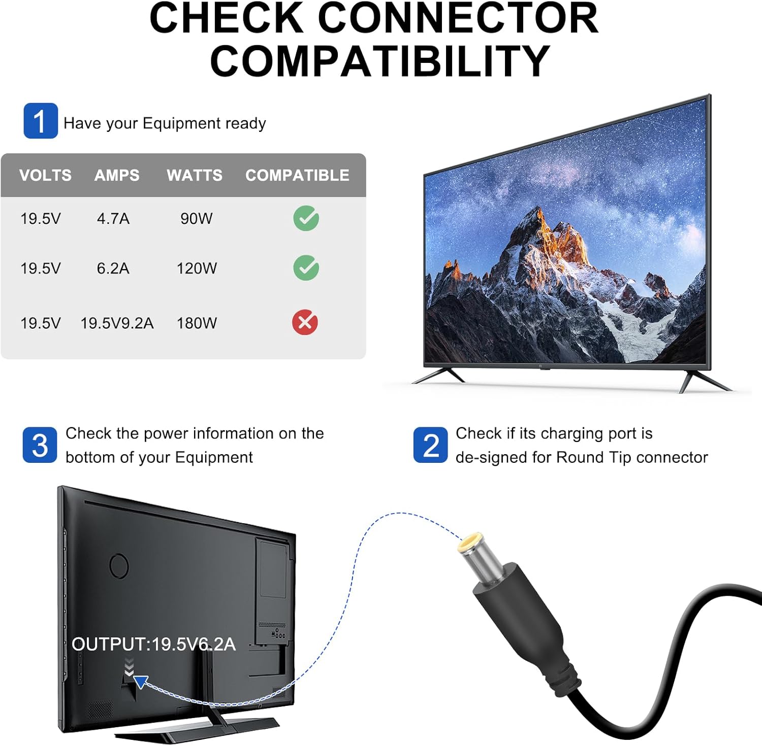 19.5V Power Supply Cord Compatible with Sony KDL-55W805C KD-55X720E KDL-55W800C XBR-43X800E XBR-43X800D XBR-49X800E XBR-49X800D XBR-55X850D KD-43X720E TV Supply Adapter Charger
