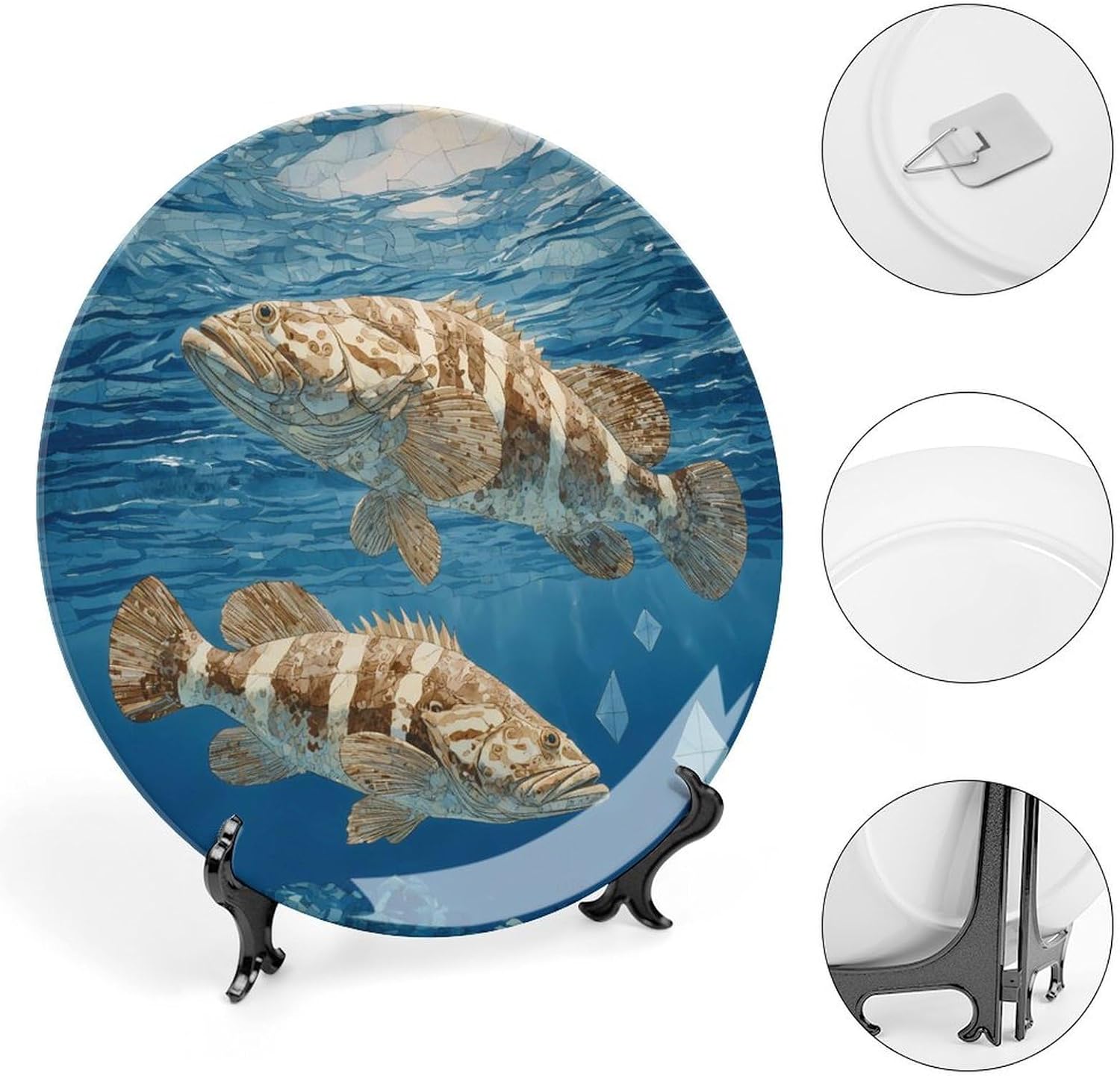 Ocean Grouper Fish Seabed Decorative Plates for Display Ceramic Plate Tray with Stand Hanger Home Decor