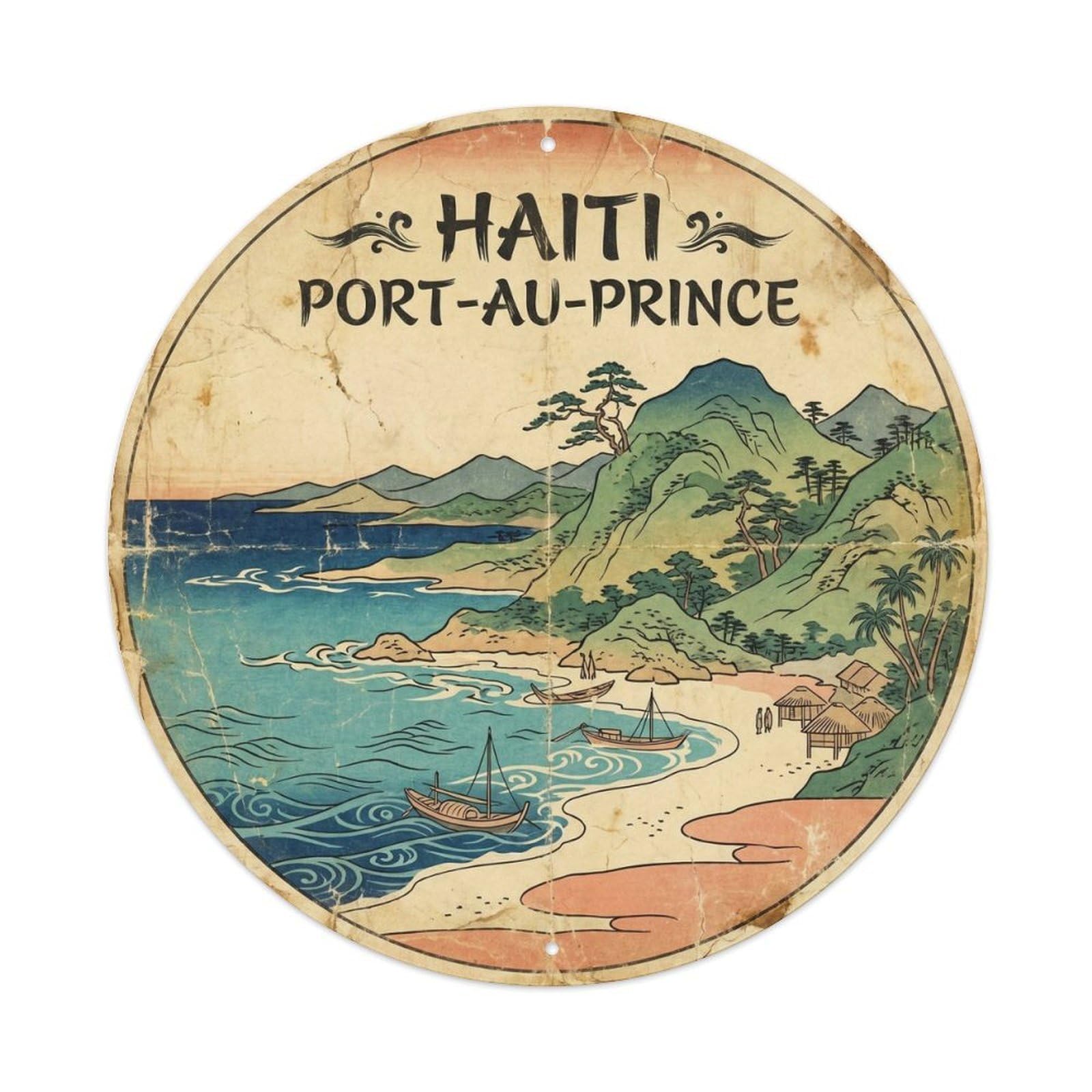 Olyhtr 8X8inch Classic Style Haiti Port Au Prince Island Resort Vintage Woodcut Metal Tin Sign
