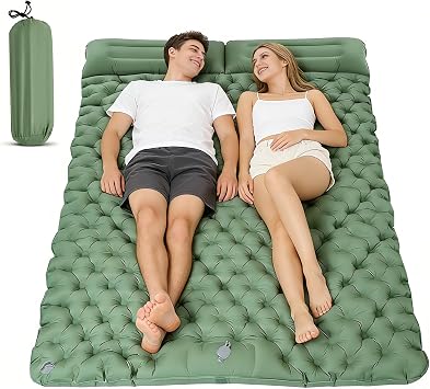 Double Camping Mat, Ultralight Self Inflating Sleeping Pad, 10cm Extra Thick Reinforced Camping Air Bed with Pillows & Built-in Foot Pump, Portable Air Mattress for Hiking Tent Backpacking Green