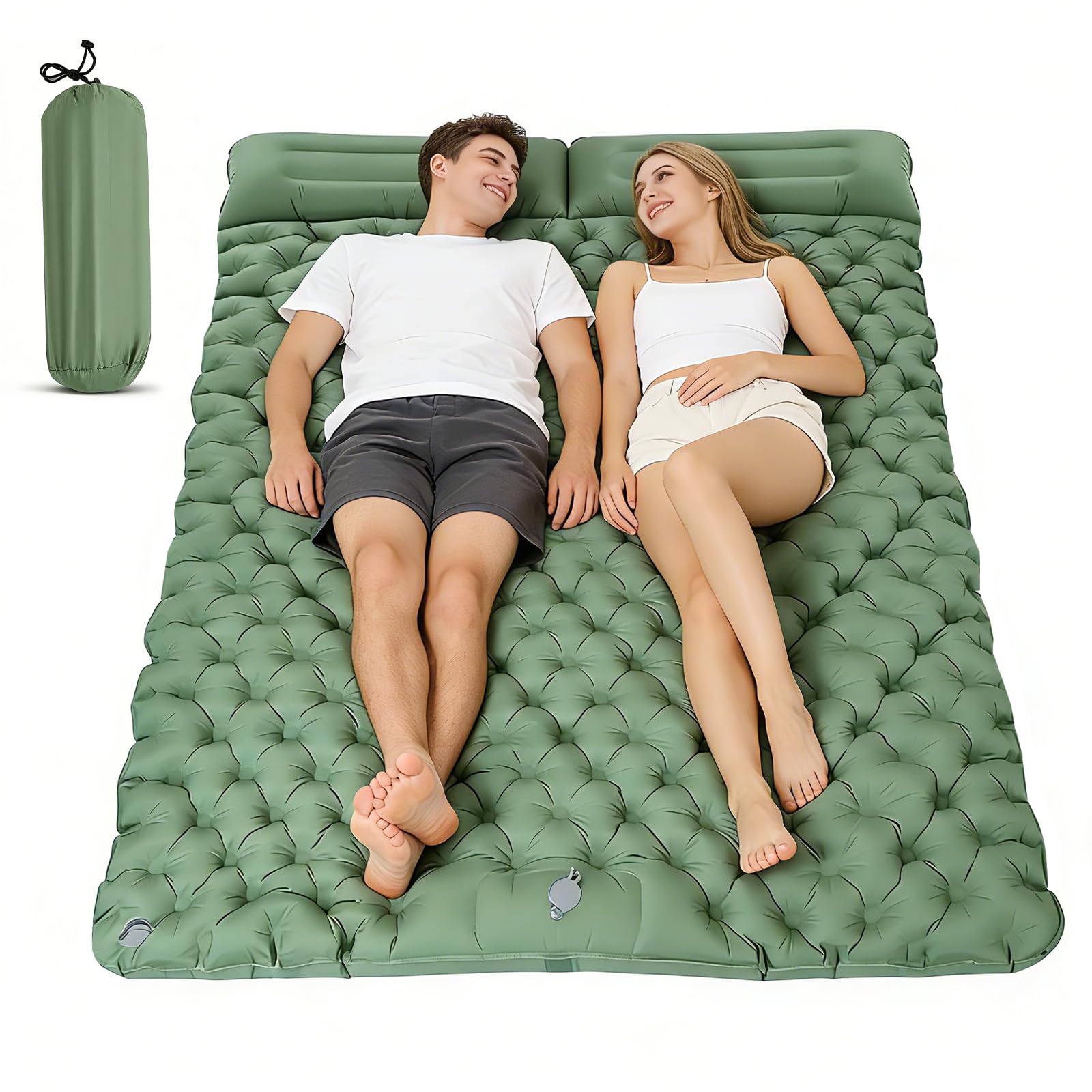 Double Camping Mat, Ultralight Self Inflating Sleeping Pad, 10cm Extra Thick Reinforced Camping Air Bed with Pillows & Built-in Foot Pump, Portable Air Mattress for Hiking Tent Backpacking (Green)