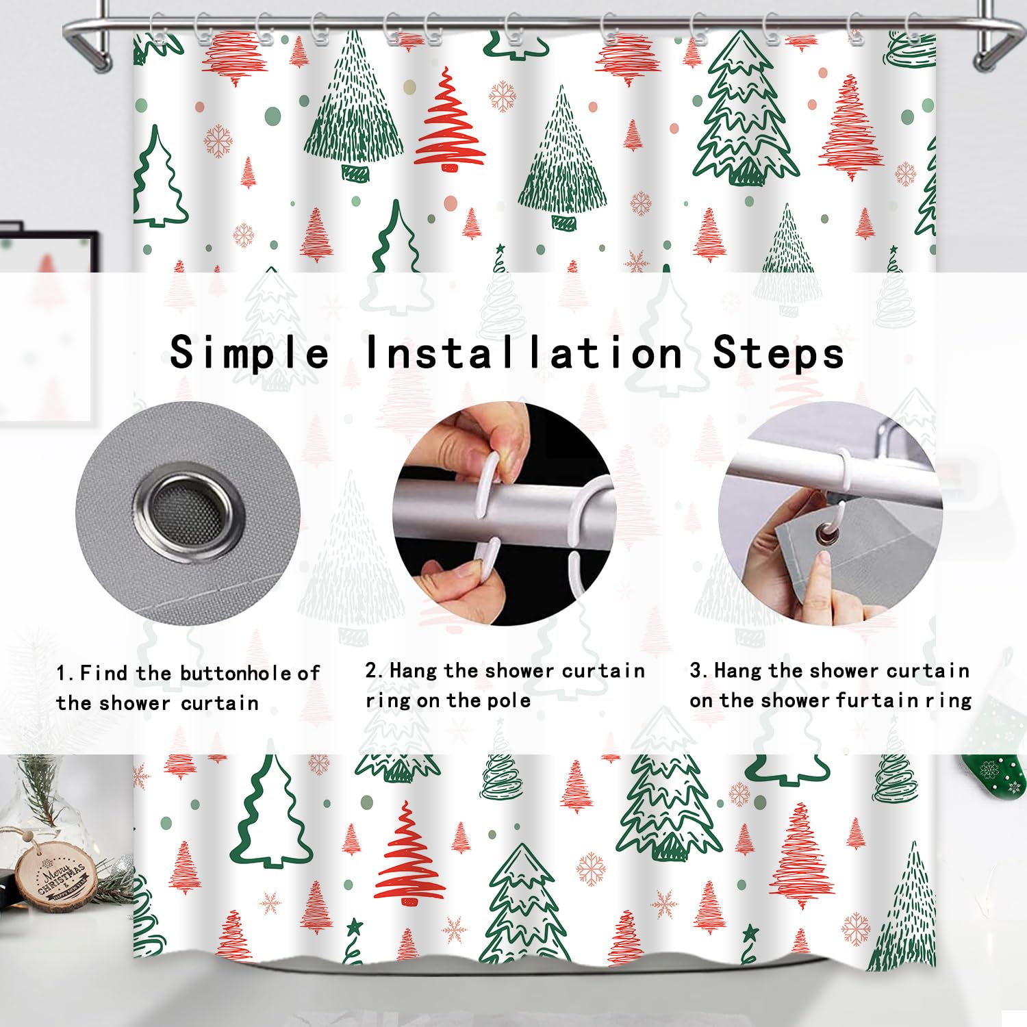 Winter Duschvorhang-Set – Design Mit Wald, Schneeflocken & Hirsch, Wasserdichter Stoff, Inkl. Haken