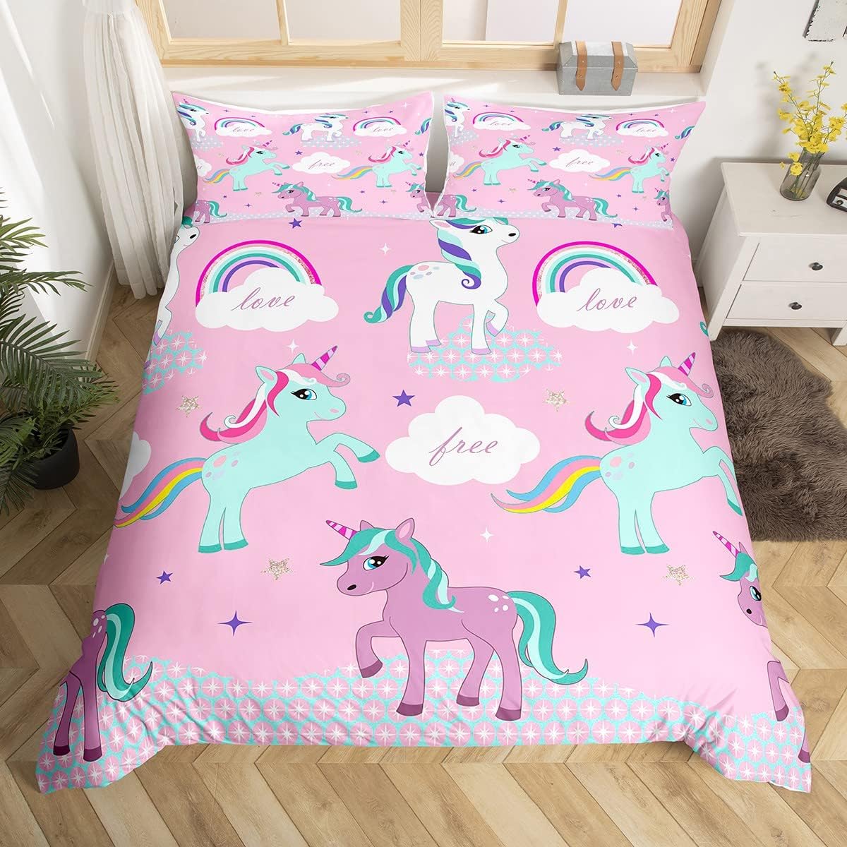 Loussiesd Girls Cute Unicorn Bed Linen Set 135 x 200 cm for Boys