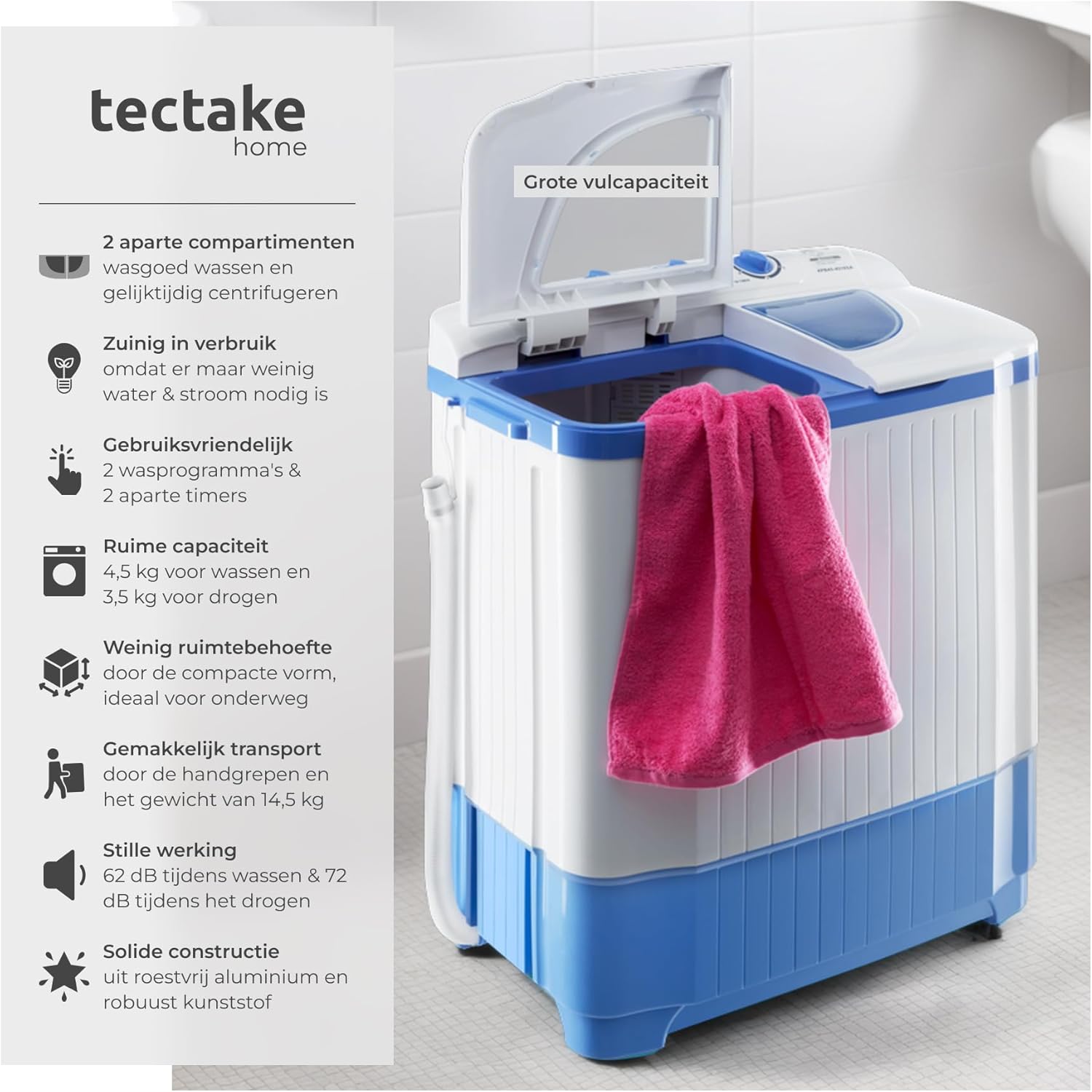 Diagram showing key features of the tectake washing machine, including dual compartments, energy efficiency, user-friendliness, capacity, compact size, easy transport, quiet operation, and solid construction.