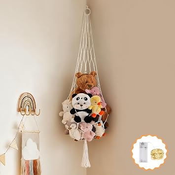 CERETIA Stuffed Animal Hammock Corner Net Plushies Storage Hammock for Stuffed Animals Boho Room Decor Macrame Wall Decor with LED Light