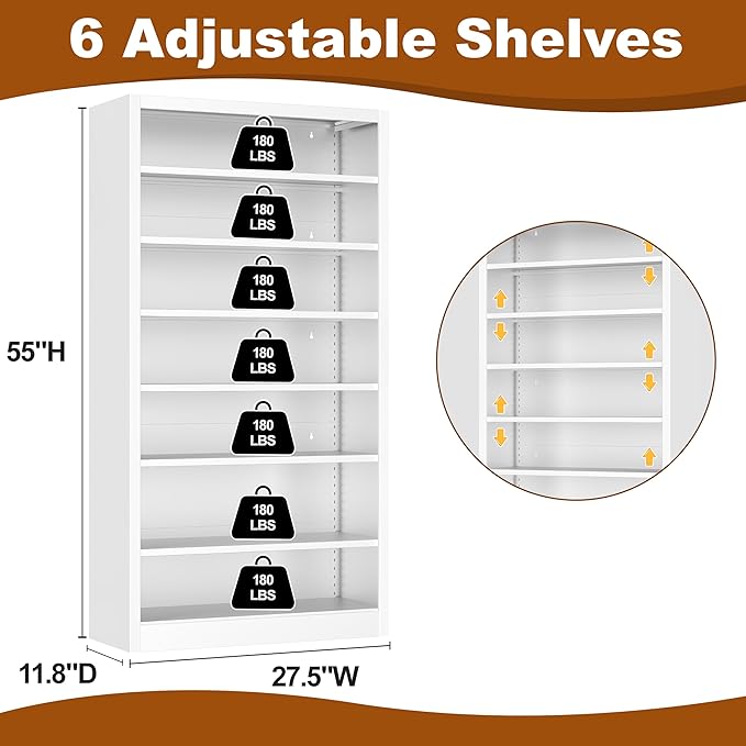 Metal DVD Storage Cabinets White, 7-Tier CD Storage Rack with Adjustable Shelves for CD Holder, Books, Games, Book Shelf for Living Room & Home Office