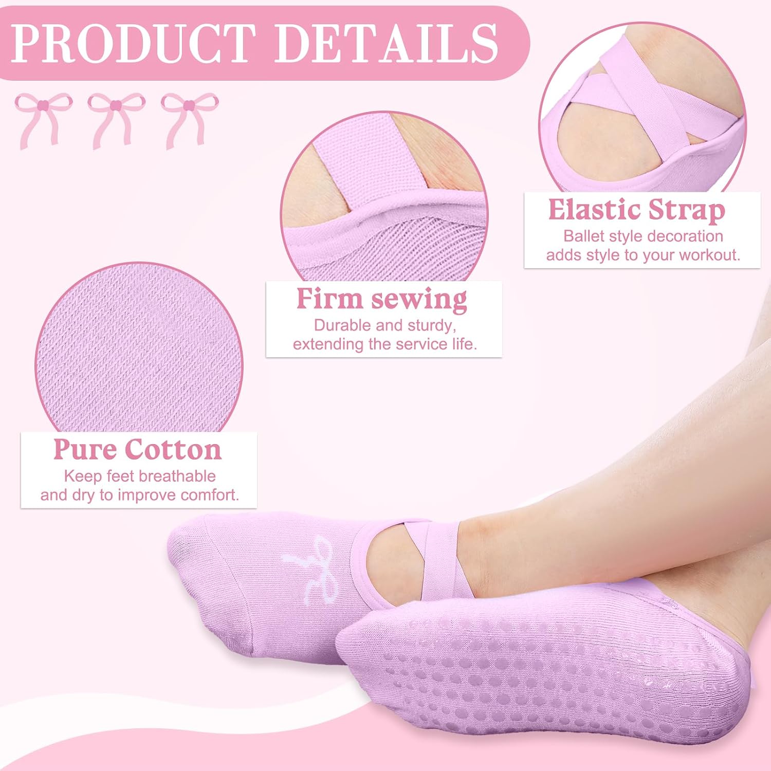 Jeyiour 6 Pairs Bow Yoga Pilates Grip Socks for Women Non-slip Grips Straps Socks for Pilates Yoga Barre Ballet
