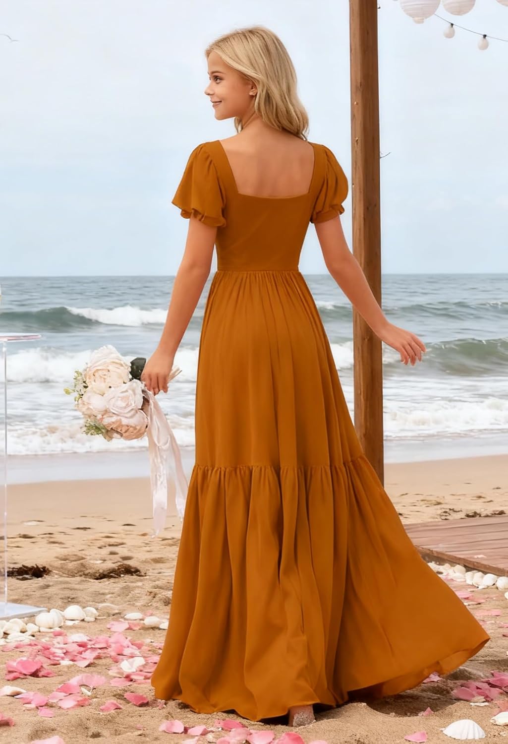 Short Sleeve Junior Bridesmaid Dresses with Slit Chiffon Flower Girl Dress Pageant Party Gowns