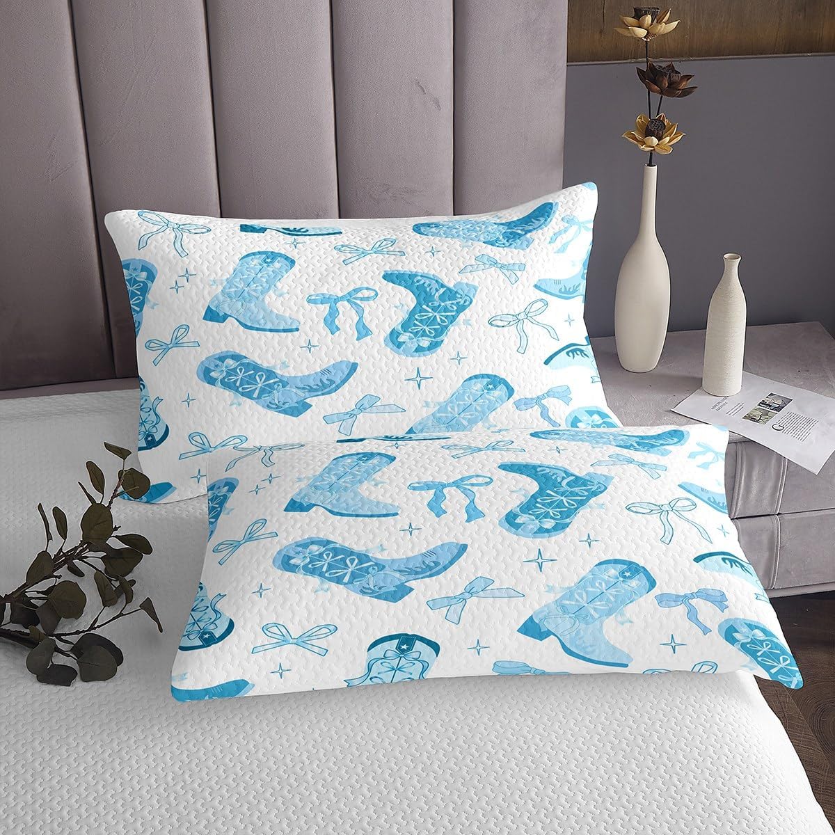 jejeloiu Western Cowgirl Bedspread Blue Bowknot Bedspread for Kids Boys Girls Cute Bow Coverlet Set Southwest Quilted Bedroom Collection 3Pcs Queen Size