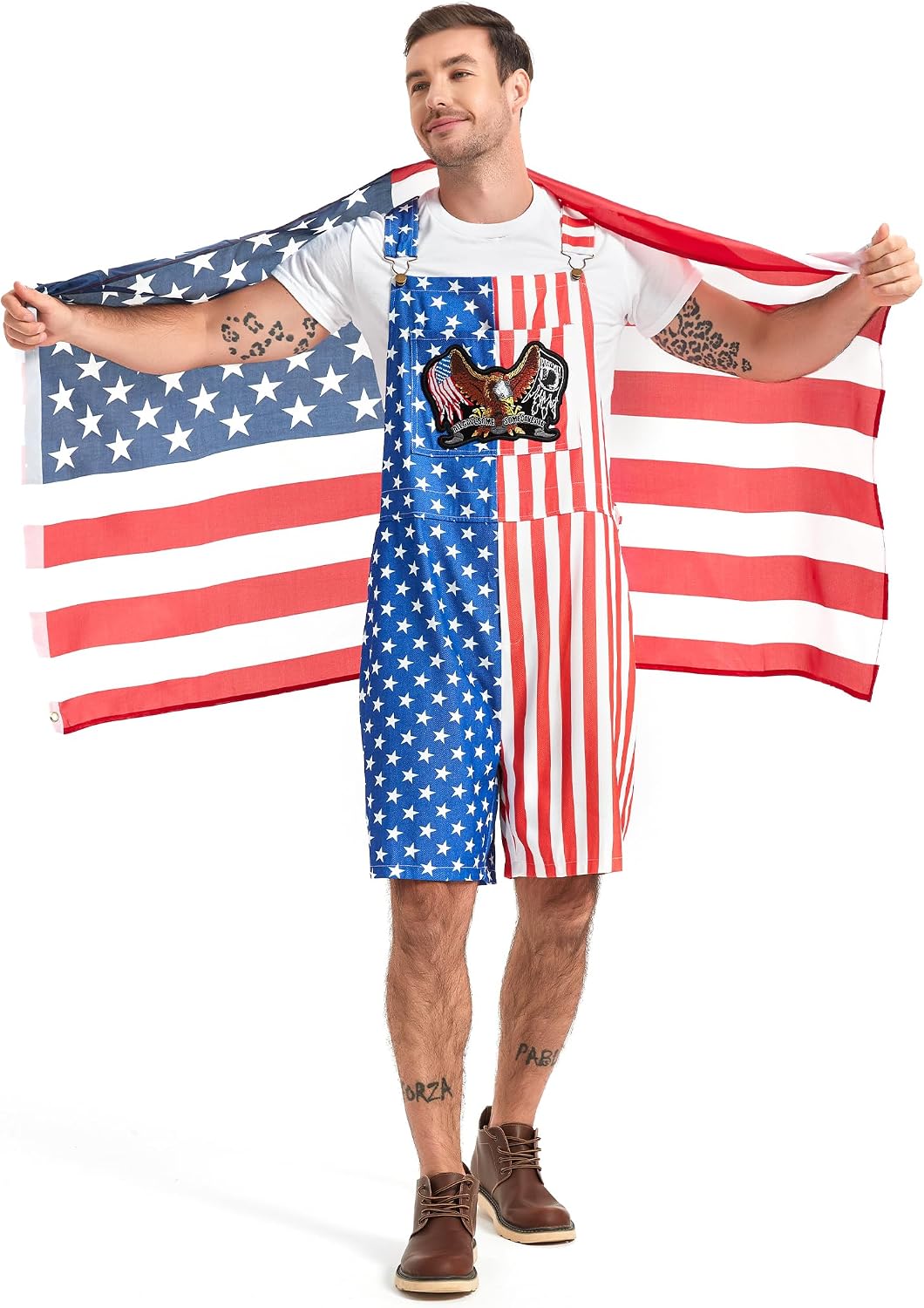 Men's American Flag Bib Overalls, 4th of July Patriotic Denim Romper with Adjustable Straps Independence Day Jumpsuit