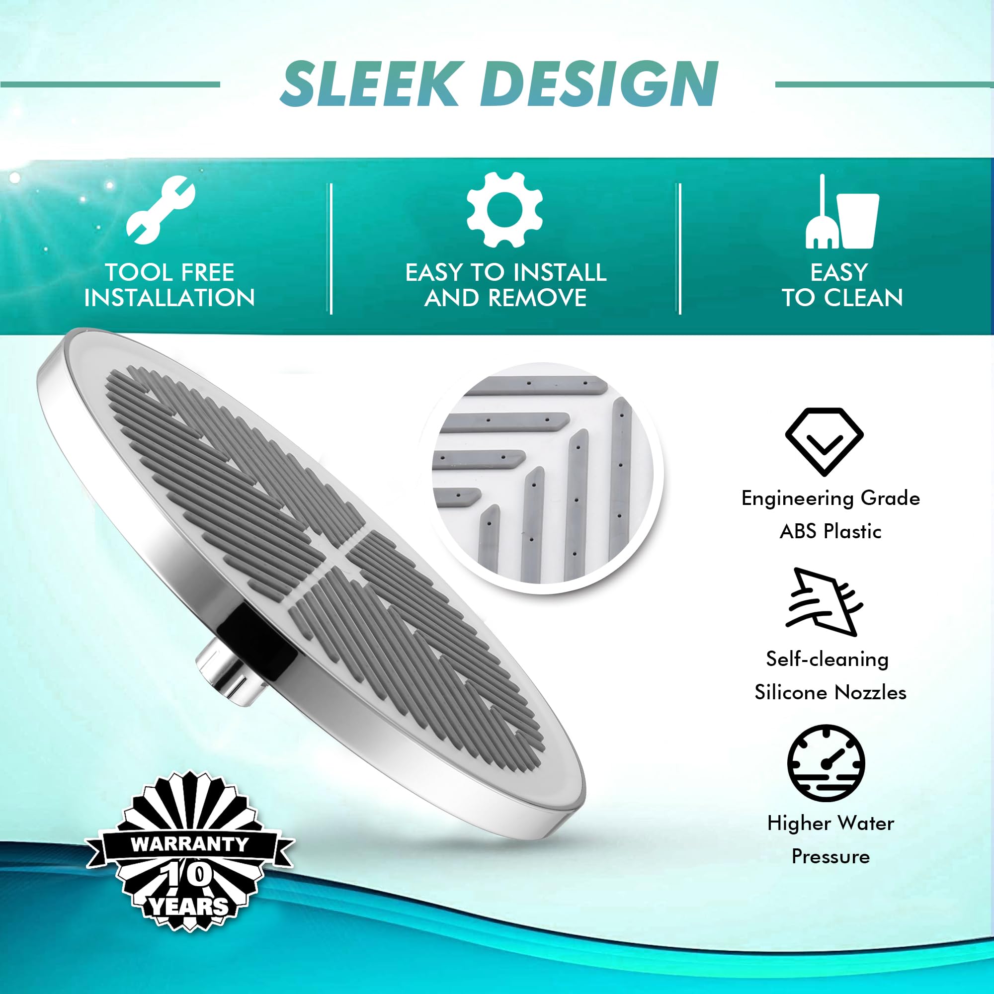 Rainfall Shower Head Fixed Showerhead 9.6-Inch Round Bathroom Rainhead Overhead Waterfall Shower Head with Adjustable Swivel Ball Joint - Image 4