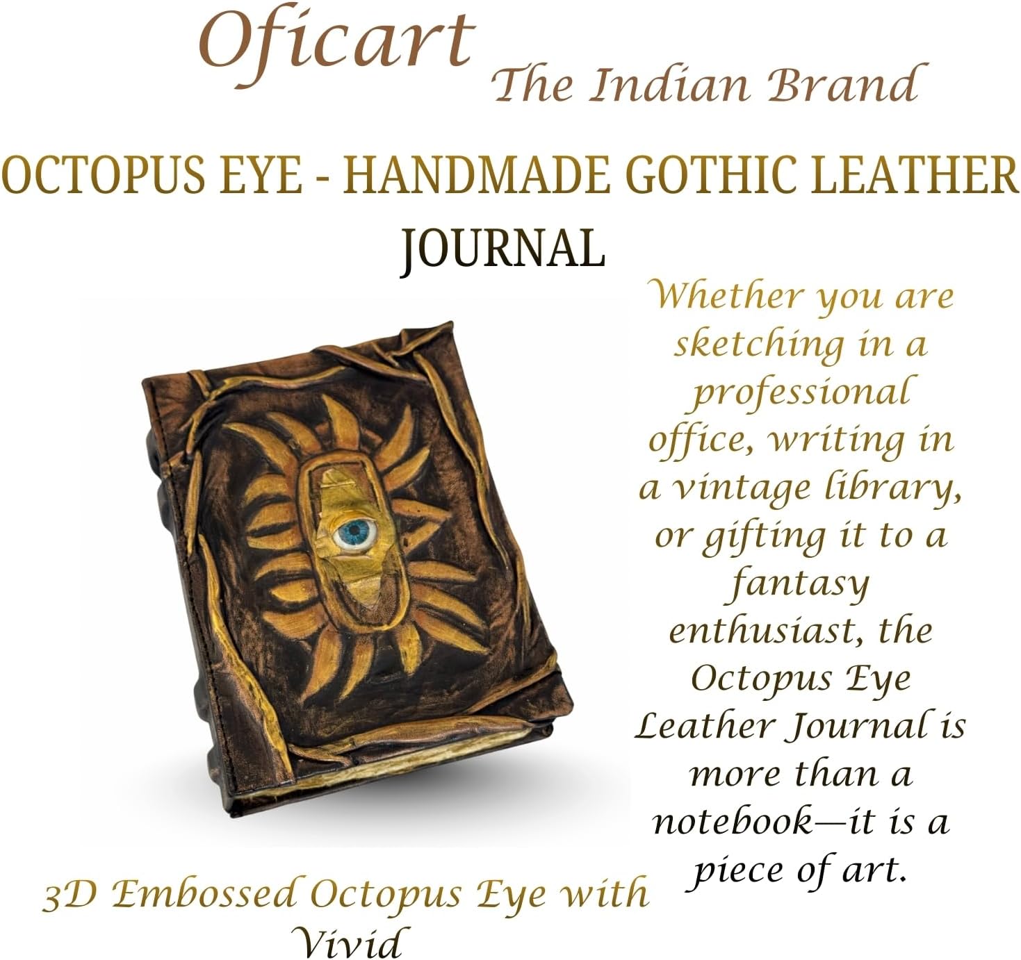 Oficart Handmade Journal – Vintage Leather Notebook with 200 Deckle Edge Pages with Rustic Leather Cover, Travel Diary, Sketchbook & Writing Notebook for Men & Women (Octopus Eye)