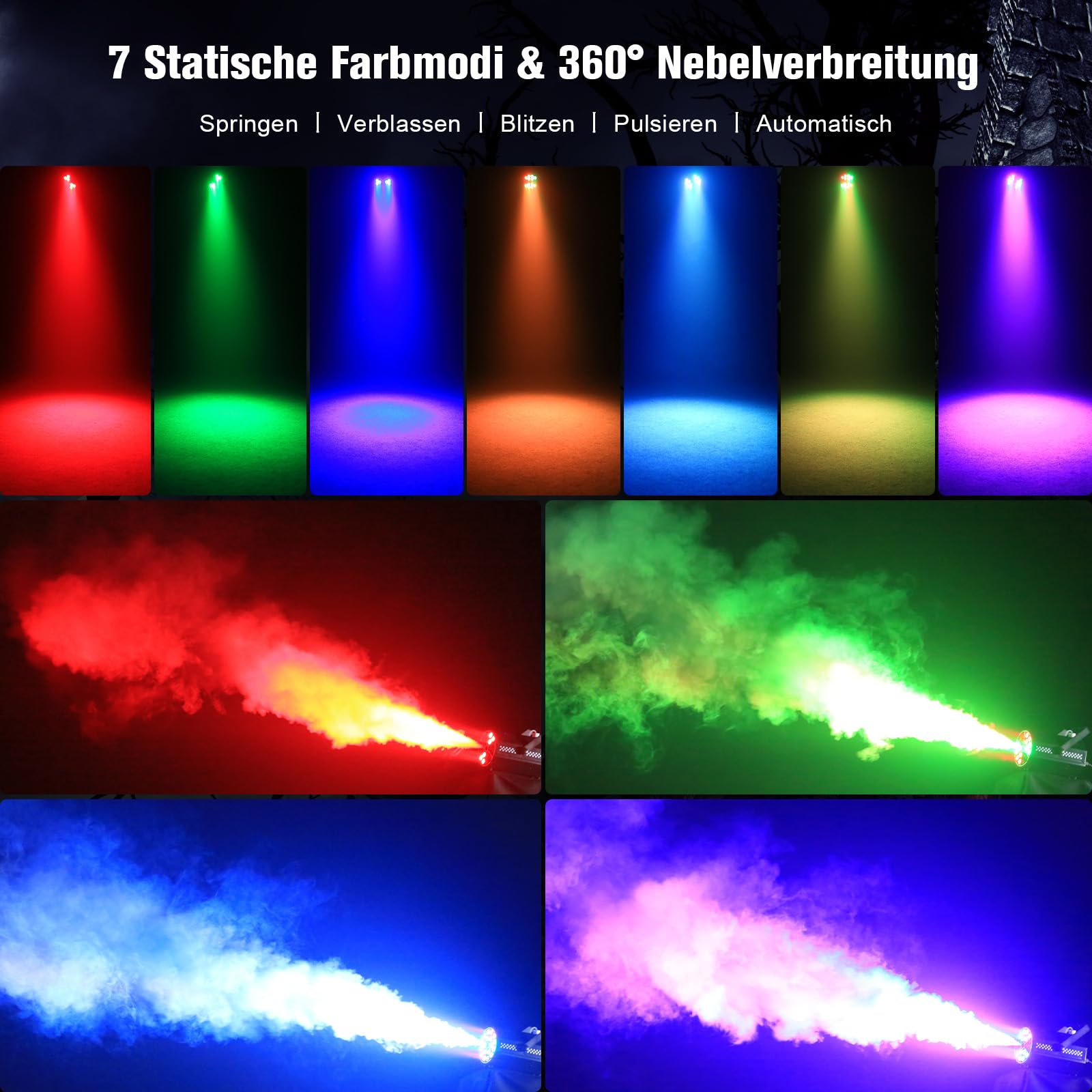 Machine à fumée, 18 LED RVB avec télécommande, LED lumineuses, dégradé de couleurs, saut, impulsion, stroboscope, pour fêtes, Noël, Halloween, DJ, scènes et extérieur