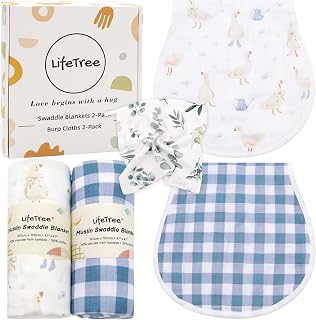 LifeTree Baby Swaddle Blankets and Burp Cloths 2 Pack, Boys Girls Muslin Swaddling Wrap Receiving Blanket for Newborn, 70% Viscose from Bamboo and 30% Cotton, Large 47" x 47", Duck & Blue Checkered