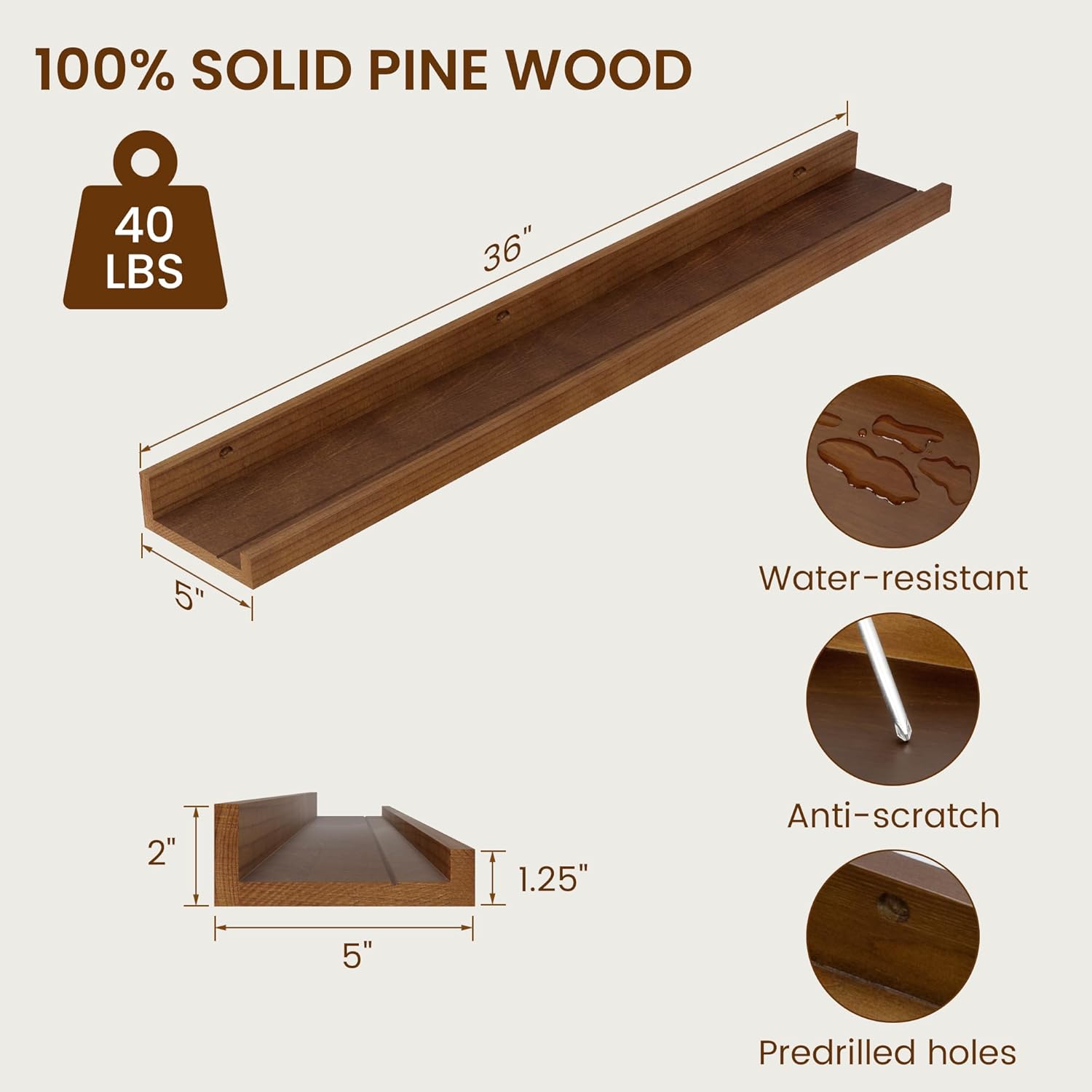 Vivelove Picture Ledge Shelf, Solid Pine Wood Rustic Floating Shelves for Wall, 36 Inch Long Floating Shelves with Lip for Bedroom Kitchen Living Room Nursery Display, Set of 2 (Walnut)