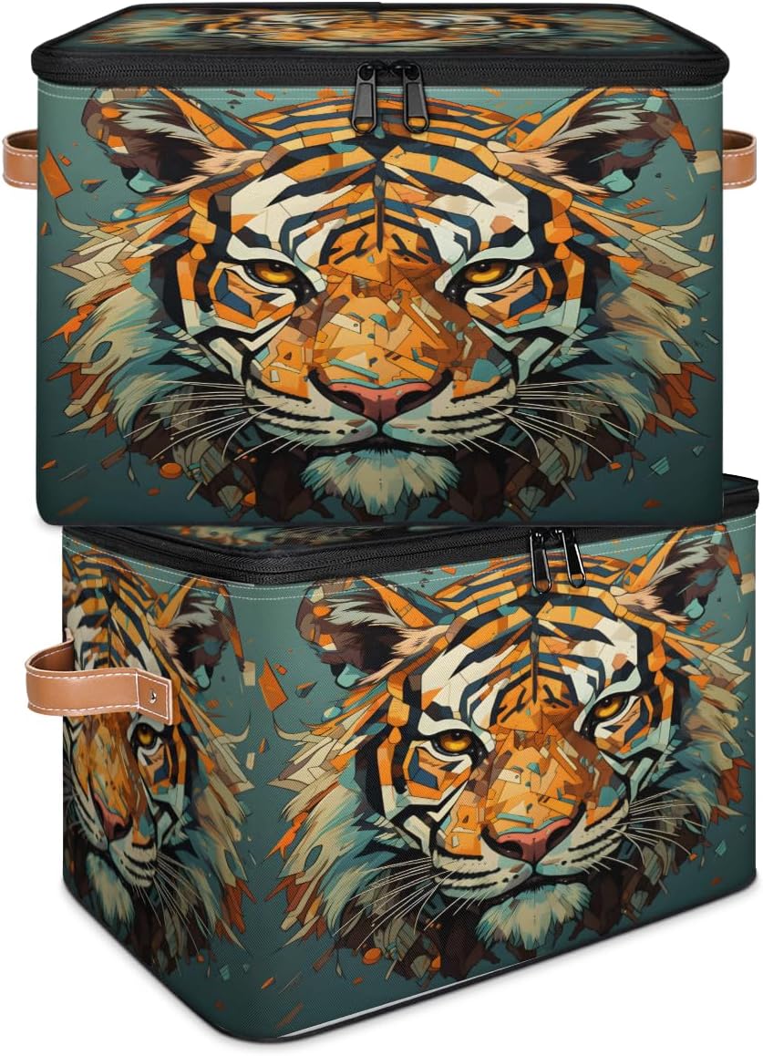Storage Bin Set of 2 Tiger Storage Basket with Zipper Lid & Handle Foldable Closet Shelf 2 Pack Cloth Organizer Basket Cube Bins Clothes Organizer for Bedroom, Nursery