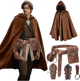 SUMGOGO Medieval Velvet Hooded Cloak Cape Hood Renaissance Costume Belt Pouch Purse Viking Bracer Hook Festival Halloween Set