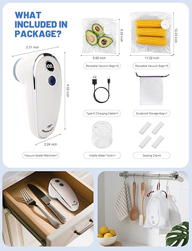 Miniatura 8 de WanshengLe - Sellador al vacío de mano para alimentos, máquina selladora al vacío compacta inalámbrica, sellador de alimentos portátil con 30 bolsas