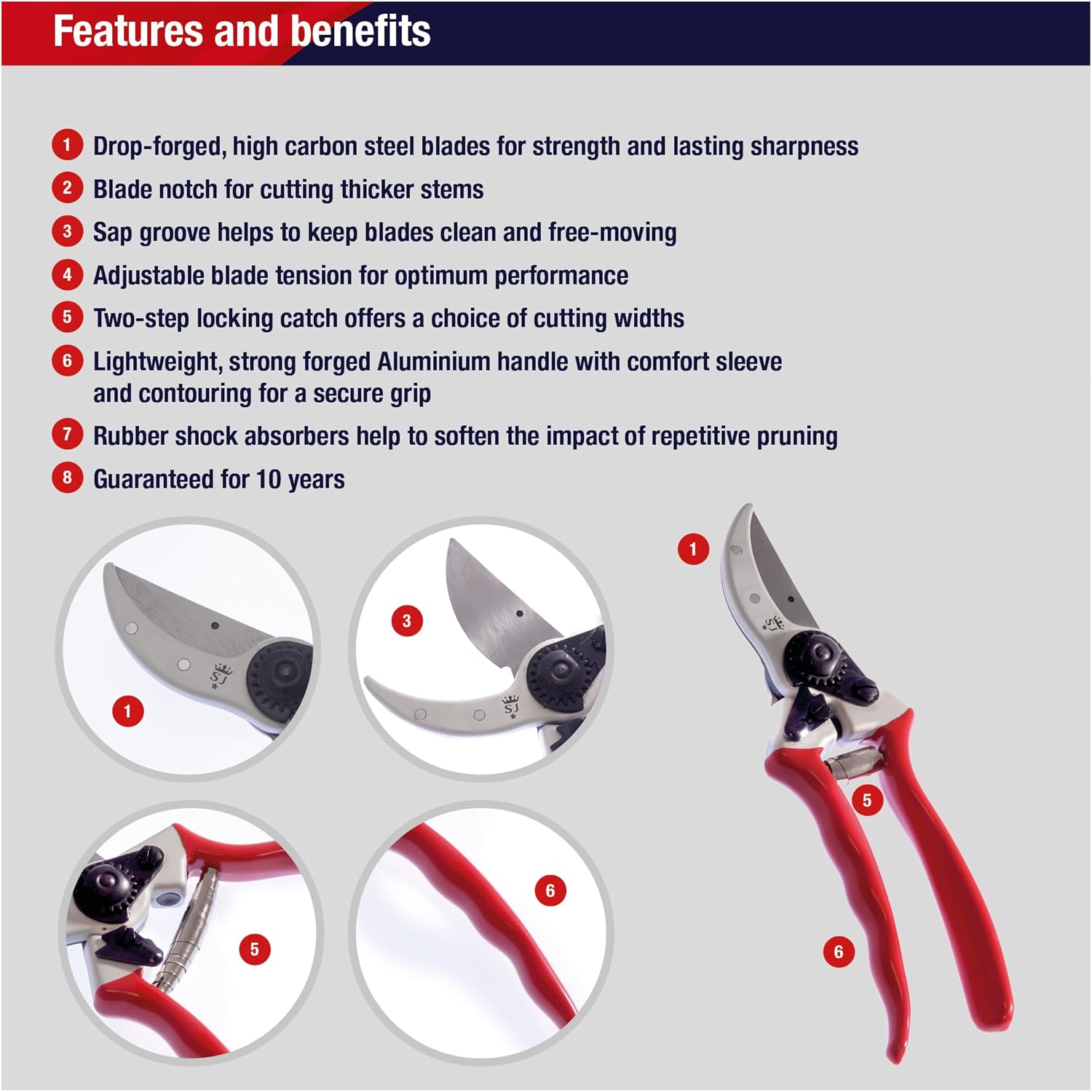 Spear & Jackson Razorsharp Heavy Duty Bypass Pruners, Drop-Forged High Carbon Steel Blades, Adjustable Blade Tension, Ergonomic Handles for Professional Pruning