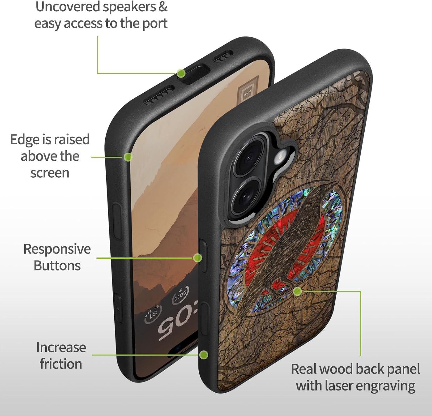 Carveit Magnetic Wooden Case for iPhone 16 Case, Wood Artisan Engraved & Handmade Shell Inlaid, TPU Shockproof Cover, Compatible with MagSafe Wireless Chargers (The Haloed Crow) Walnut