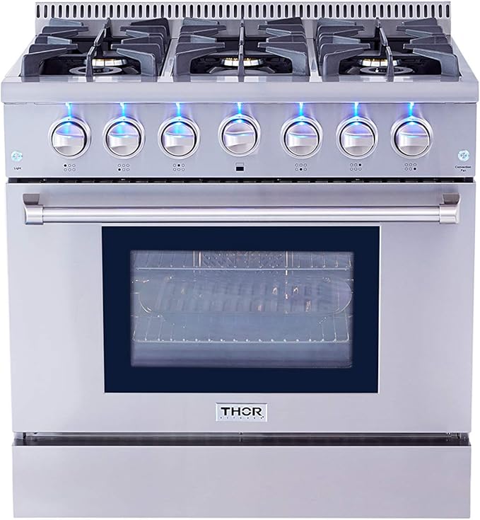 Amazon.com: Thor Kitchen HRG3618U - Gama de gas independiente de estilo  profesional con horno de 5.2 pies cúbicos, 6 quemadores, ventilador de  convección, rejillas de hierro fundido y horno de porcelana azul,