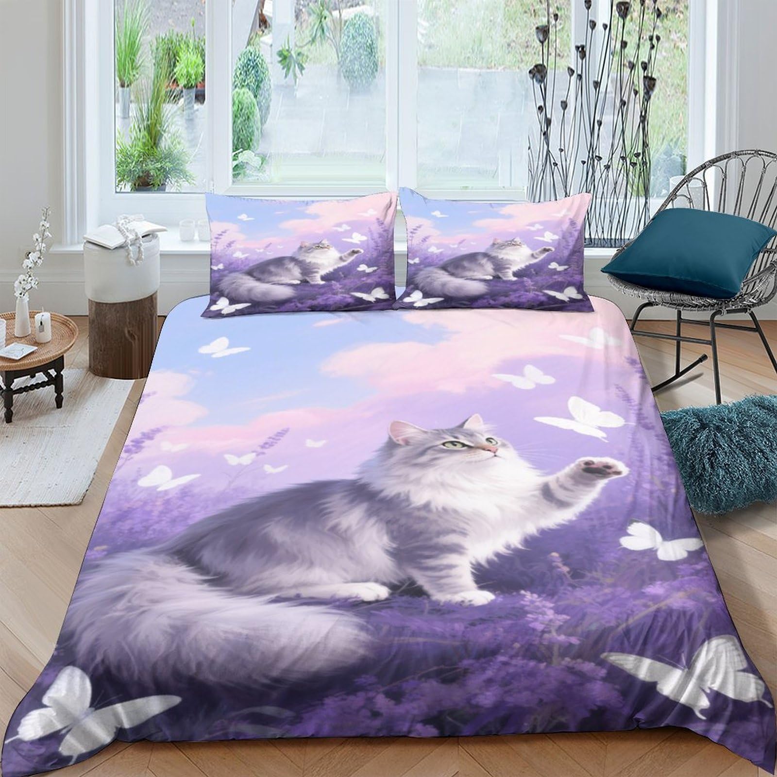GPLZQXKJNH 3D Printed Cat Lavender Duvet Cover Microfiber Soft Breathable Butterfly Bedding Set with 2 Pillowcases for Bedroom Decor Single（135x200cm）