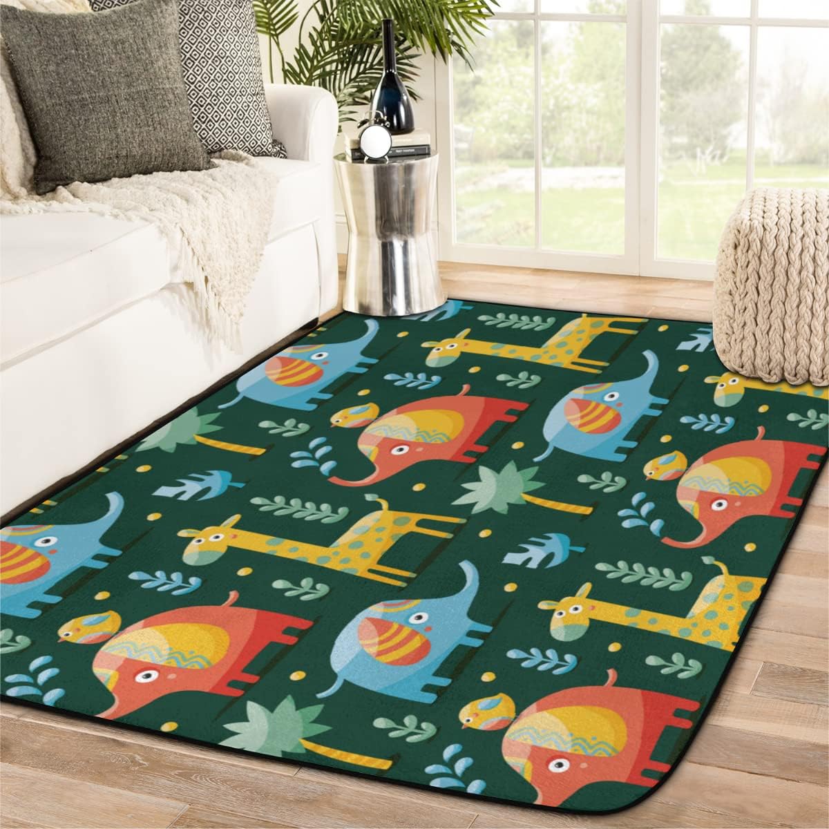 4 x 6 Cartoon Giraffe Elephant Bird Super Soft Area Rug for Kids Baby Nursery, Rugs for Living Room, Room Decor for Baby
