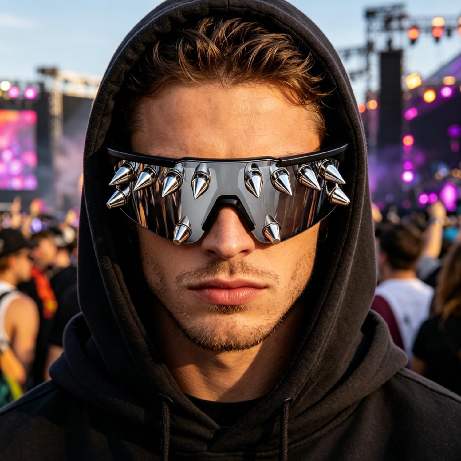 JIAHG Punk Spiked Sunglasses Novelty Rivet Shield Shades Gothic Y2K Spike Glasses for Men Women Rave Party Cosplay Halloween