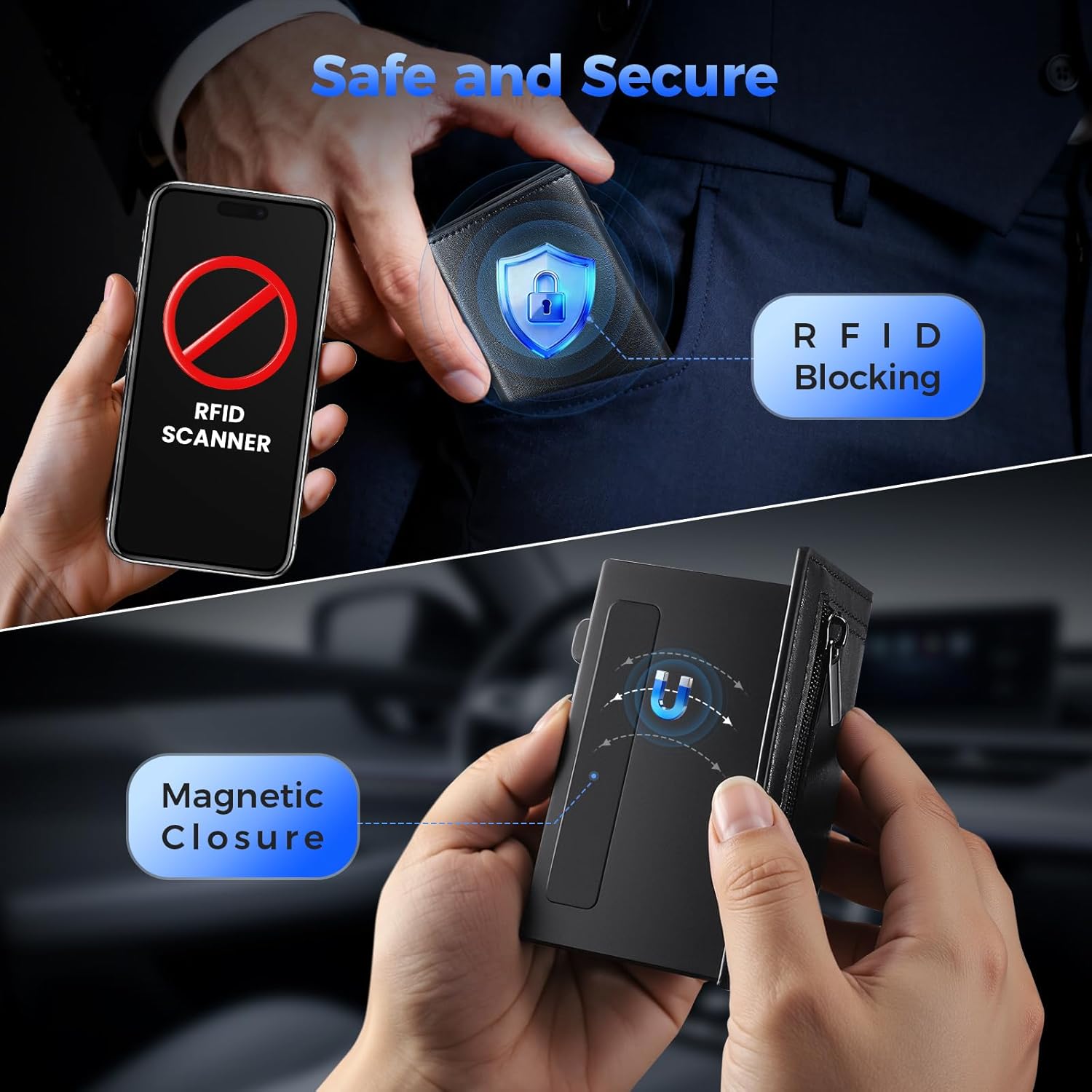 Mens Slim Minimalist Wallet Card Holder with Coin Pocket, Cash Slot, Magnetic Closure, Pop Up Aluminum Case, ID Window, Leather Wallet, RFID Blocking, 9-13 Card Capacity (Wax Black) - Image 4