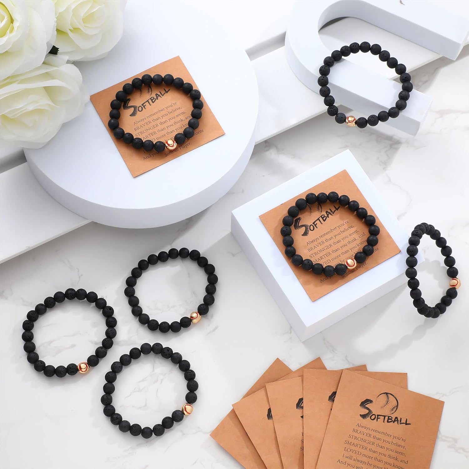 12 Sets Softball Bracelets Team Gift 8mm Natural Lave Stone Beaded Adjustable Bracelets with Inspirational Card for Men Women Birthday Softball Wristbands Team Party Favors - Image 6