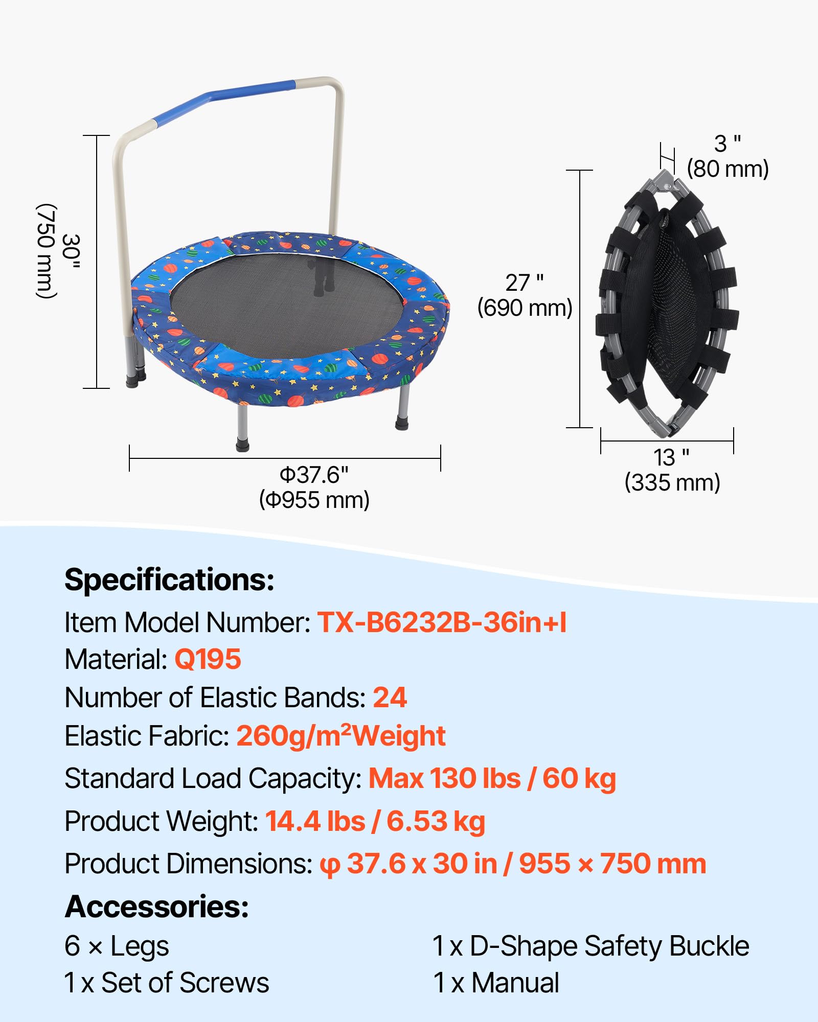VEVOR Trampolino per bambini da 91,4 cm, 0,9 m, per interni ed esterni, mini trampolino pieghevole con manico, rimbalzo, regalo di compleanno per bambini dai 3 anni in su, ragazzi e ragazze per