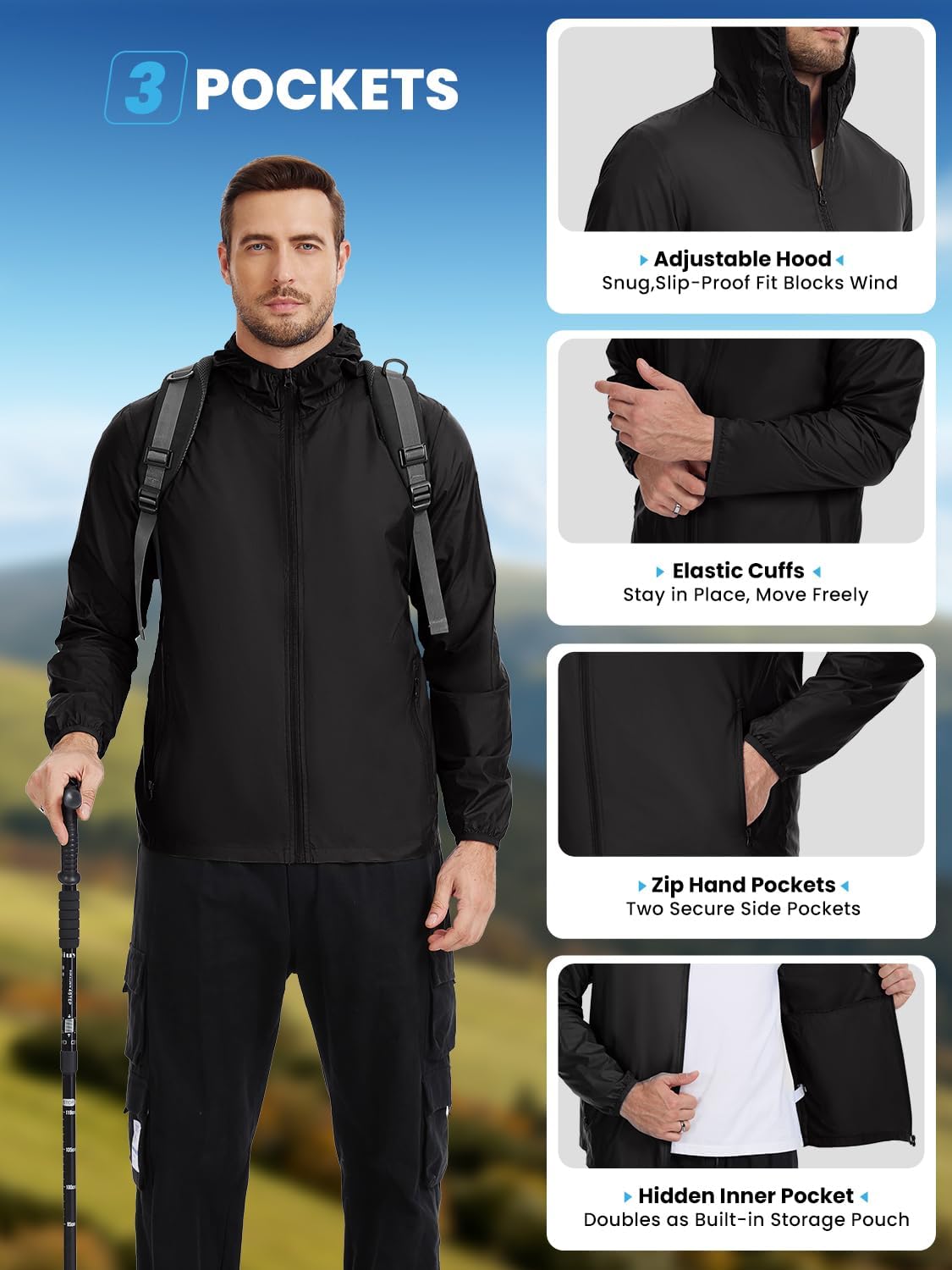 Kitmaz Mens Lightweight Windbreaker Zipper Jackets with Hood, Black, L