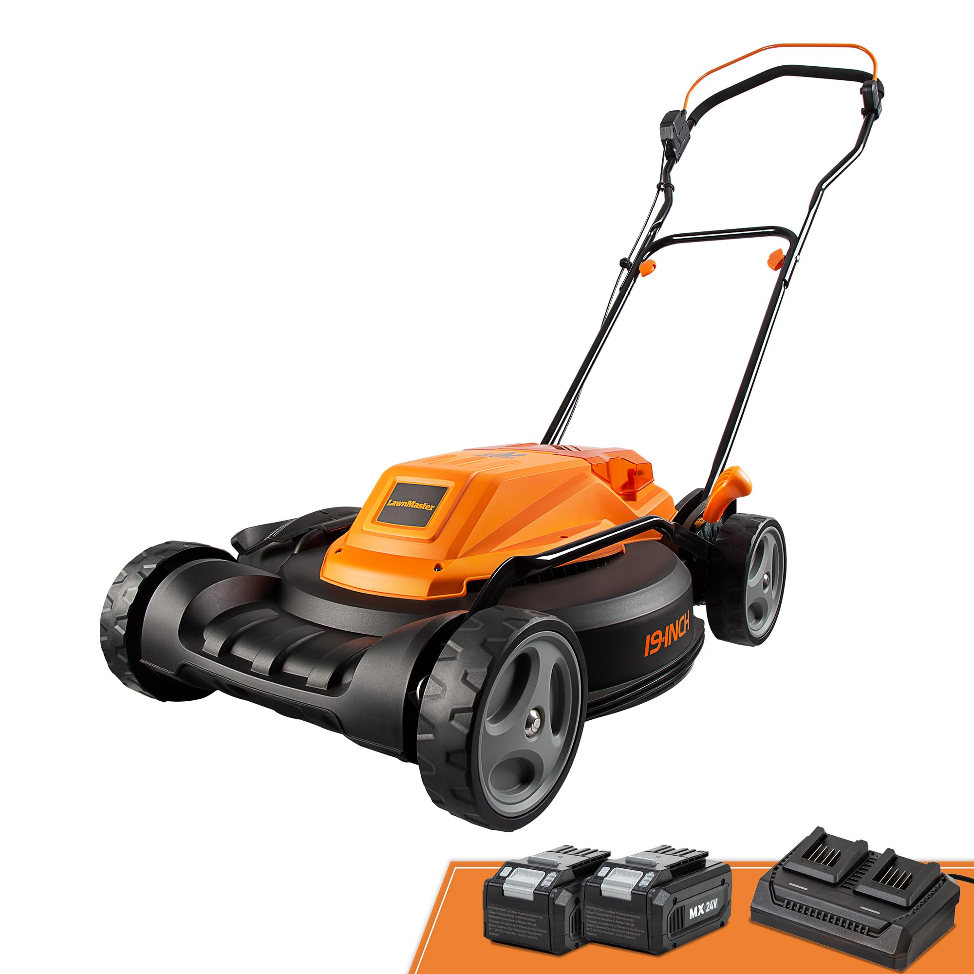 LawnMaster CLMF4819X 19-inch Brushless Cordless Lawn Mower with 2X24V MAX 4.0Ah Battery and a Dual Charger 6 Cutting Position