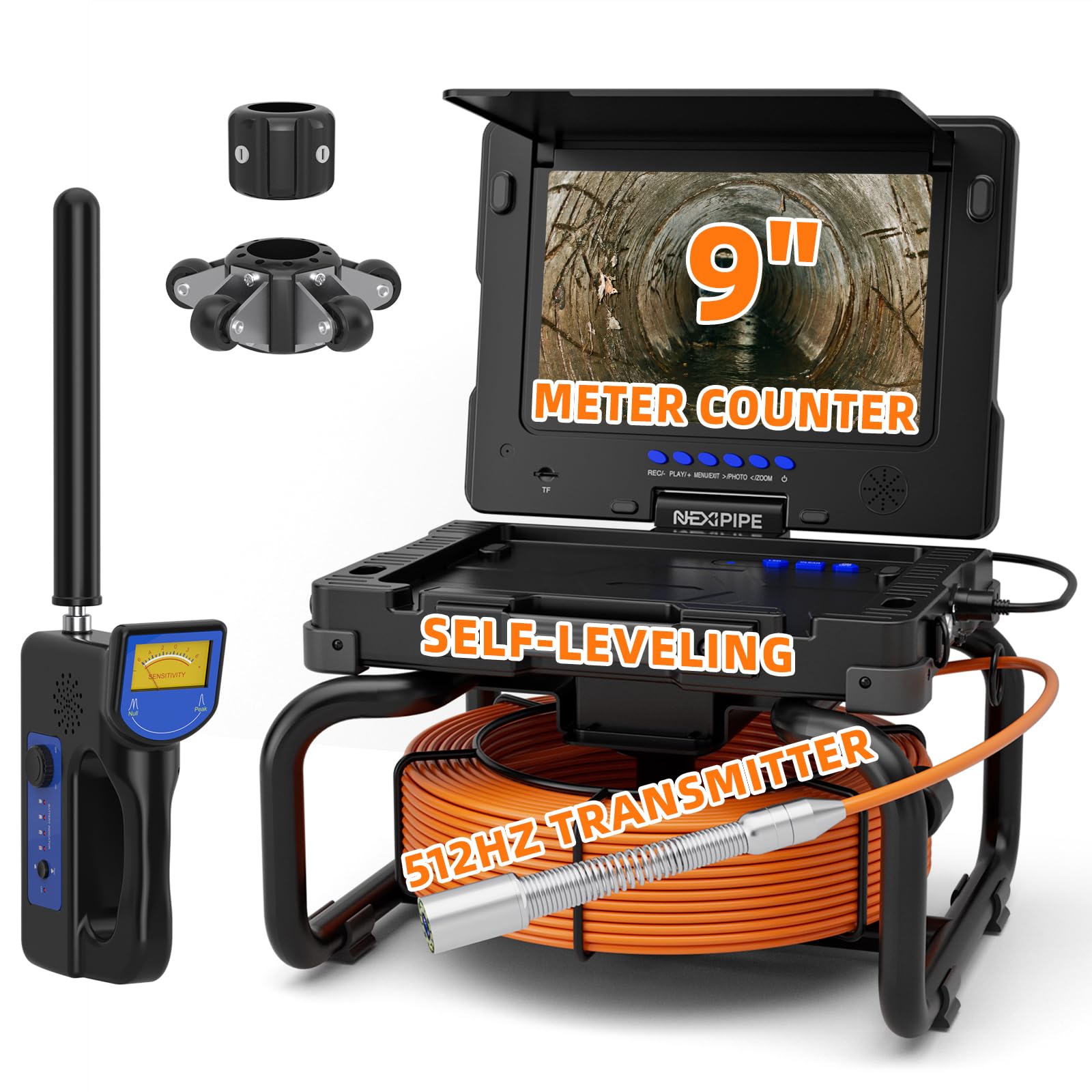 Sewer Camera with 512Hz Locator &amp; Self-Leveling, 165FT/50M Pipe Inspection Camera with Distance Counter, 23mm/0.9in Camera, 9in 1080P Screen, Waterproof Borescope Drain Camera for Plumbing