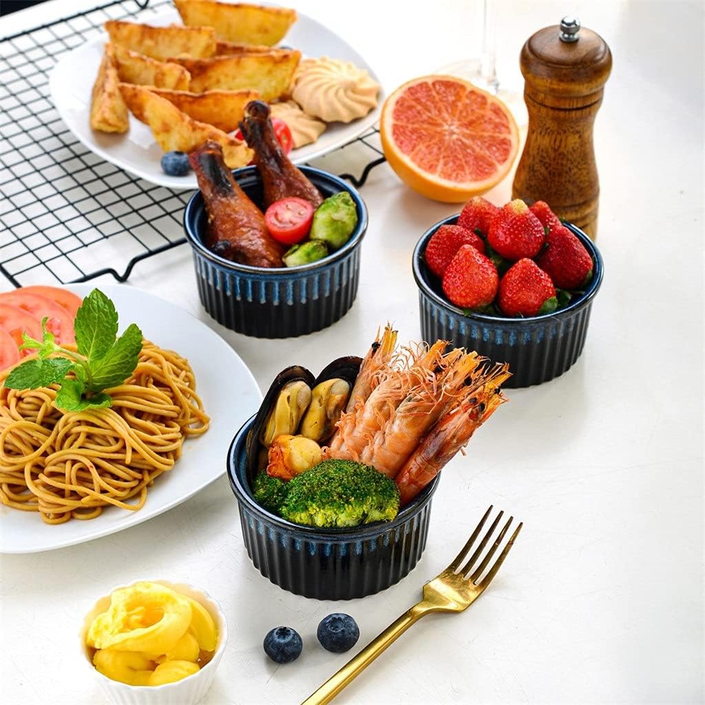 Cutlery Set 6-Piece 300ML Blue Ceramic Ramekins Baking Cups for Souffle Creme Brulee Custards Pudding Jams(10X4.7CM)