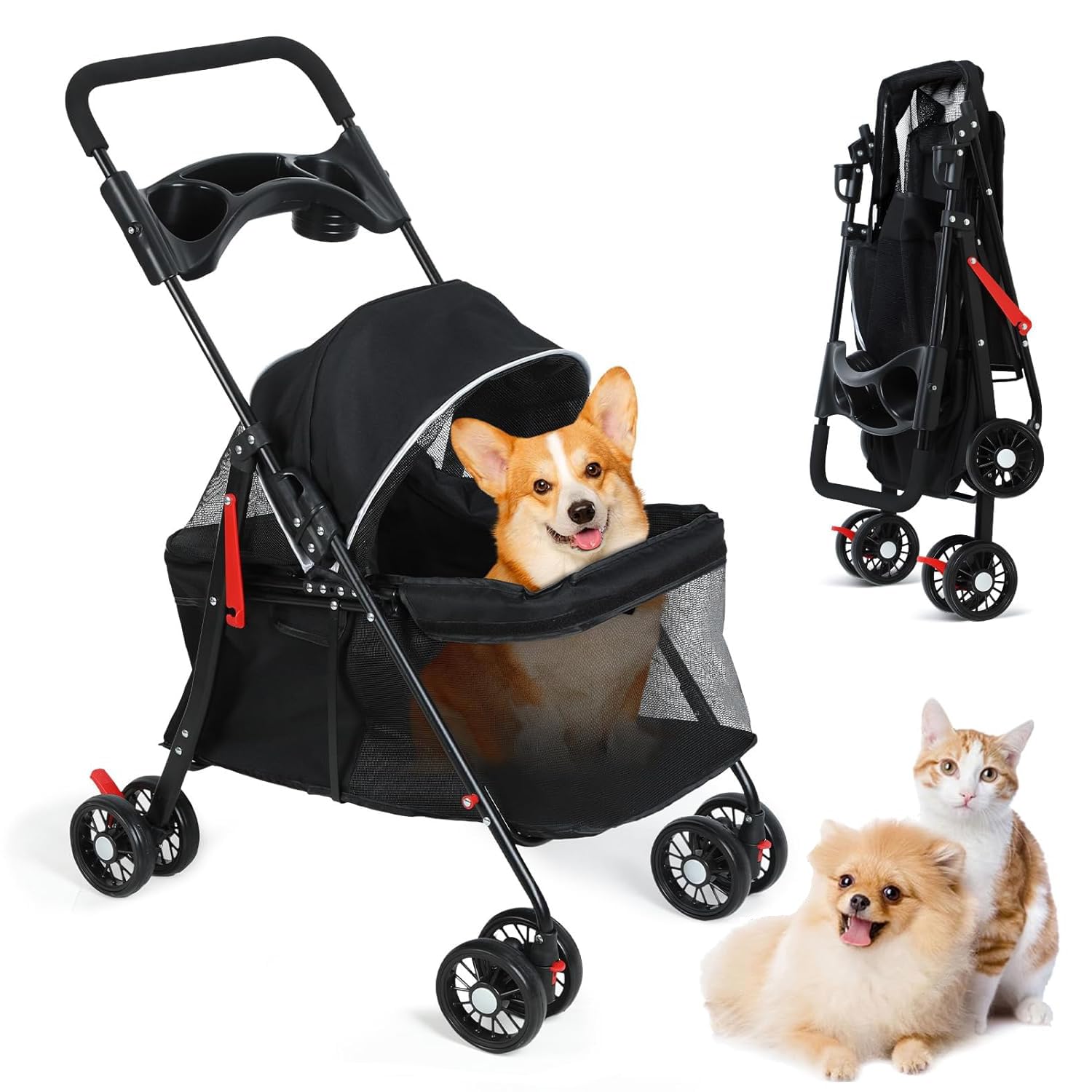 sxvbdway 4 Wheels Pet Stroller for Medium Small Dog up to 50lbs, Dog Cat Stroller, Outdoor Travel Pet Folding Strollers, Cat Cage Strollers with Cup