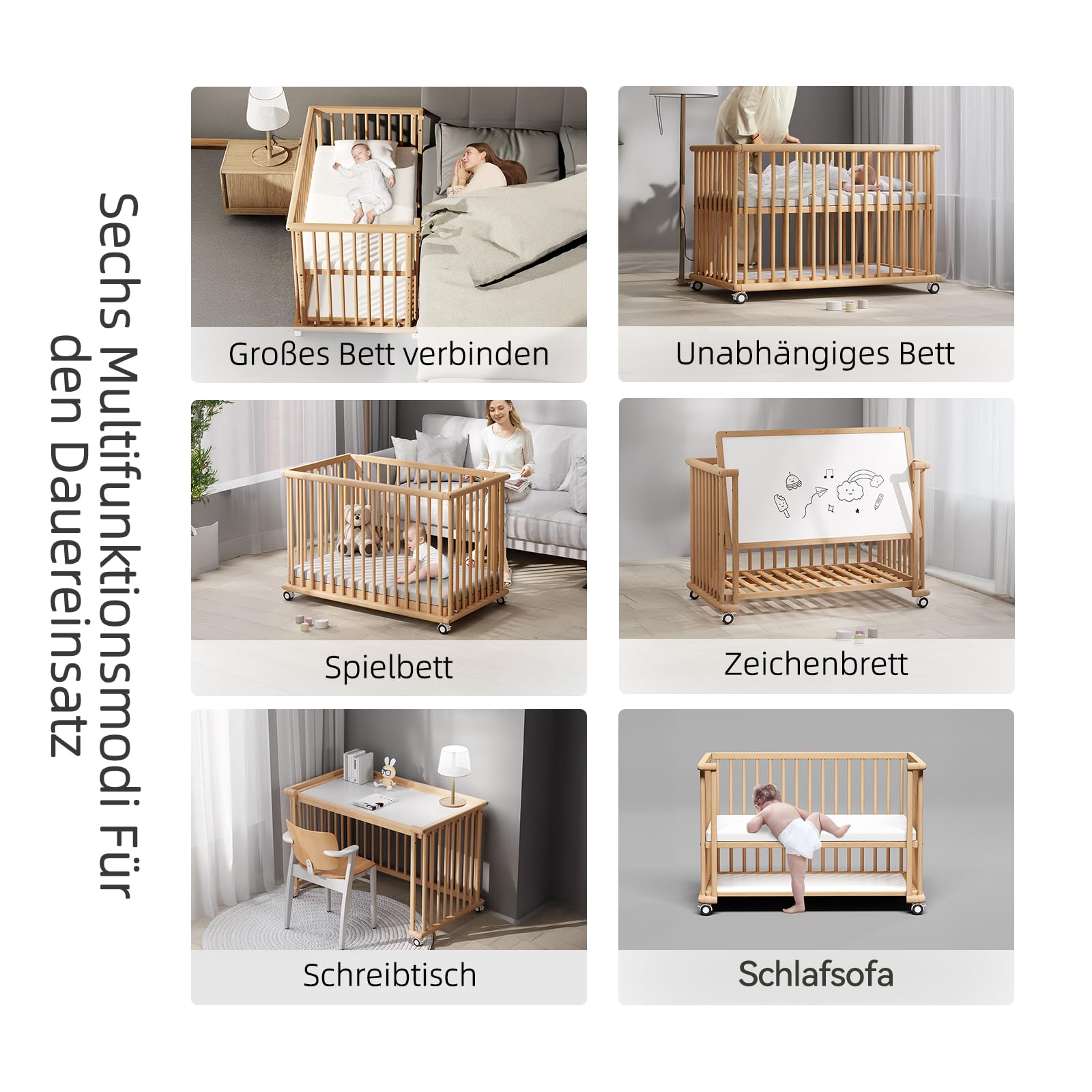 6-in-1 Babybett wandelbar zu Beistellbett, Kinderbett, Stubenwagen, Kinderschreibtisch, Schlafsofa,unlackierte Buche, 8-Fach höhenverstellbar，