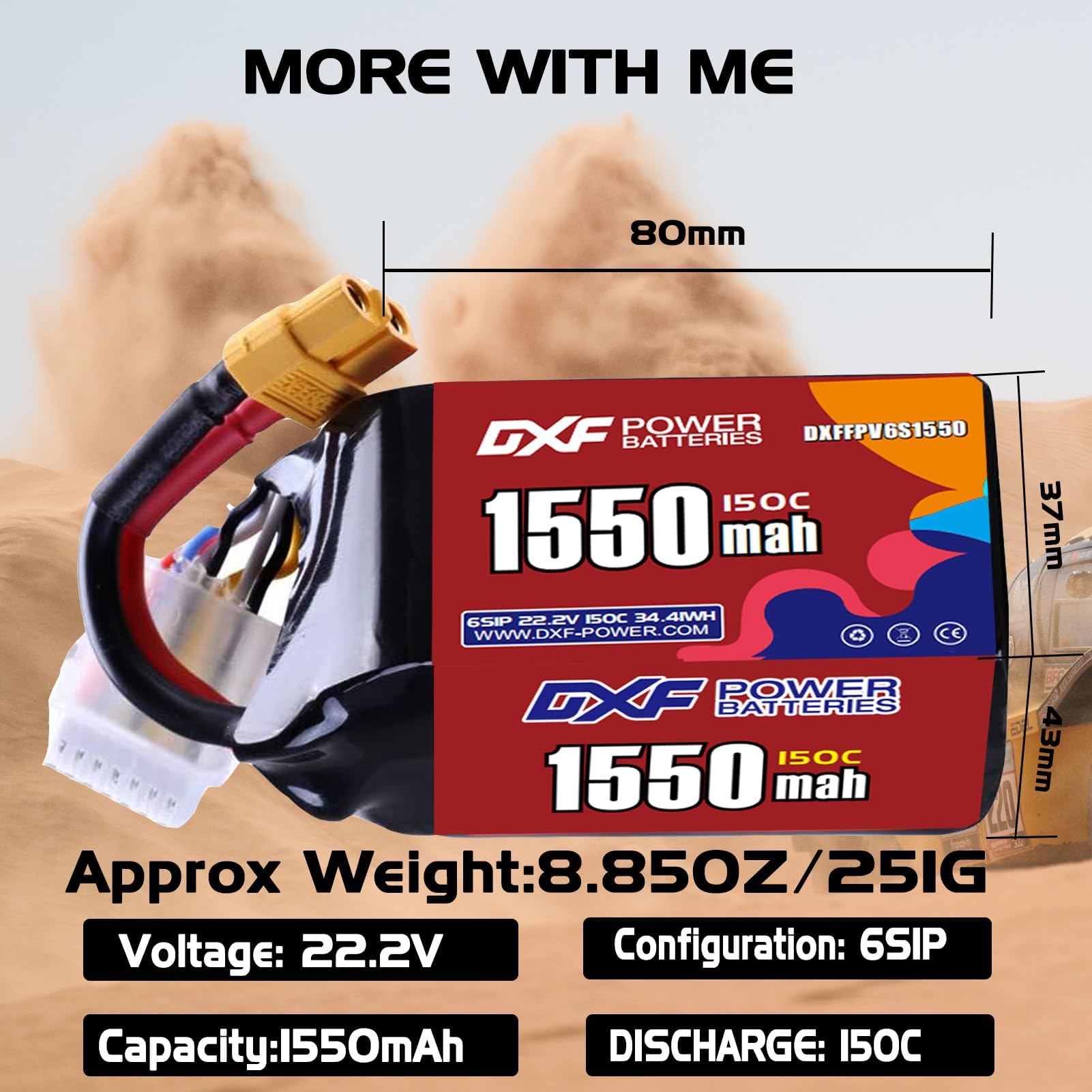 DXF 6S 1550 mAh Lipo Akku 22,2 V 150 C mit XT60 Stecker RC Graphen Akku für FPV-Drohne Quadcopter Hubschrauber Flugzeug RC Boot Autorennen Modelle (2 Stück)