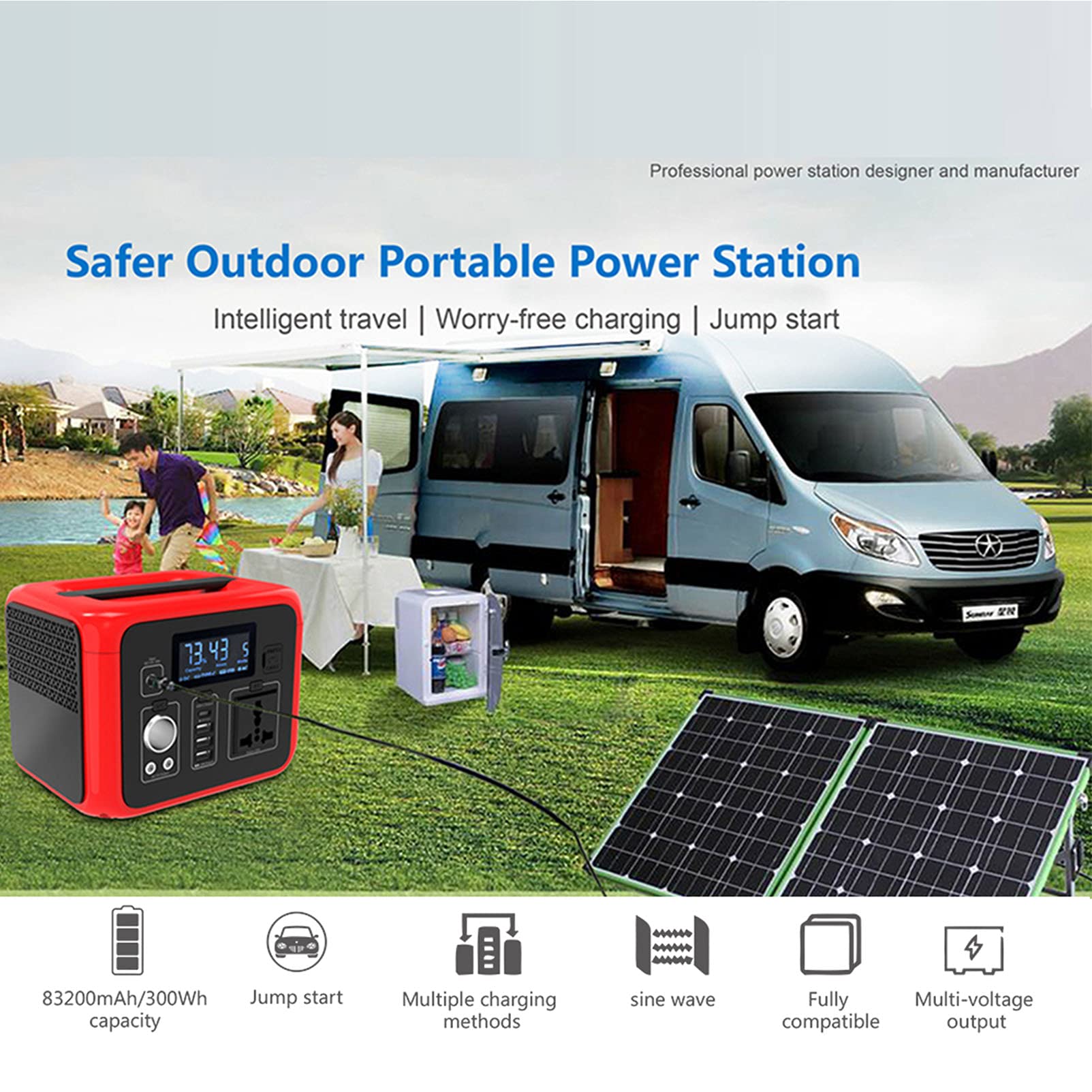 Generator energii słonecznej 300 Wh, przenośna elektrownia Prąd szczytowy 300 W z rozrusznikiem 700 A - do użytku w samochodzie/na kempingu na świeżym powietrzu
