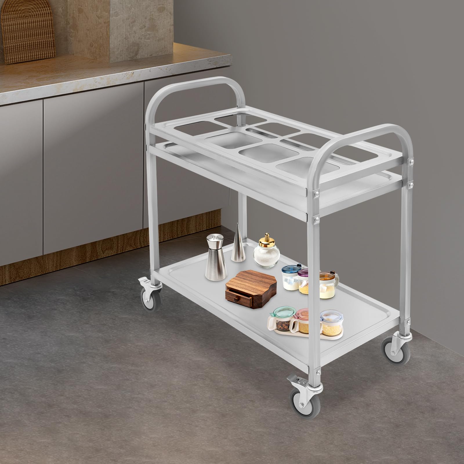 Carro de servicio de acero inoxidable 201 para especias, carrito de servicio con ruedas con 8 compartimentos, para restaurante y hotel, para camareros y personal de cocina