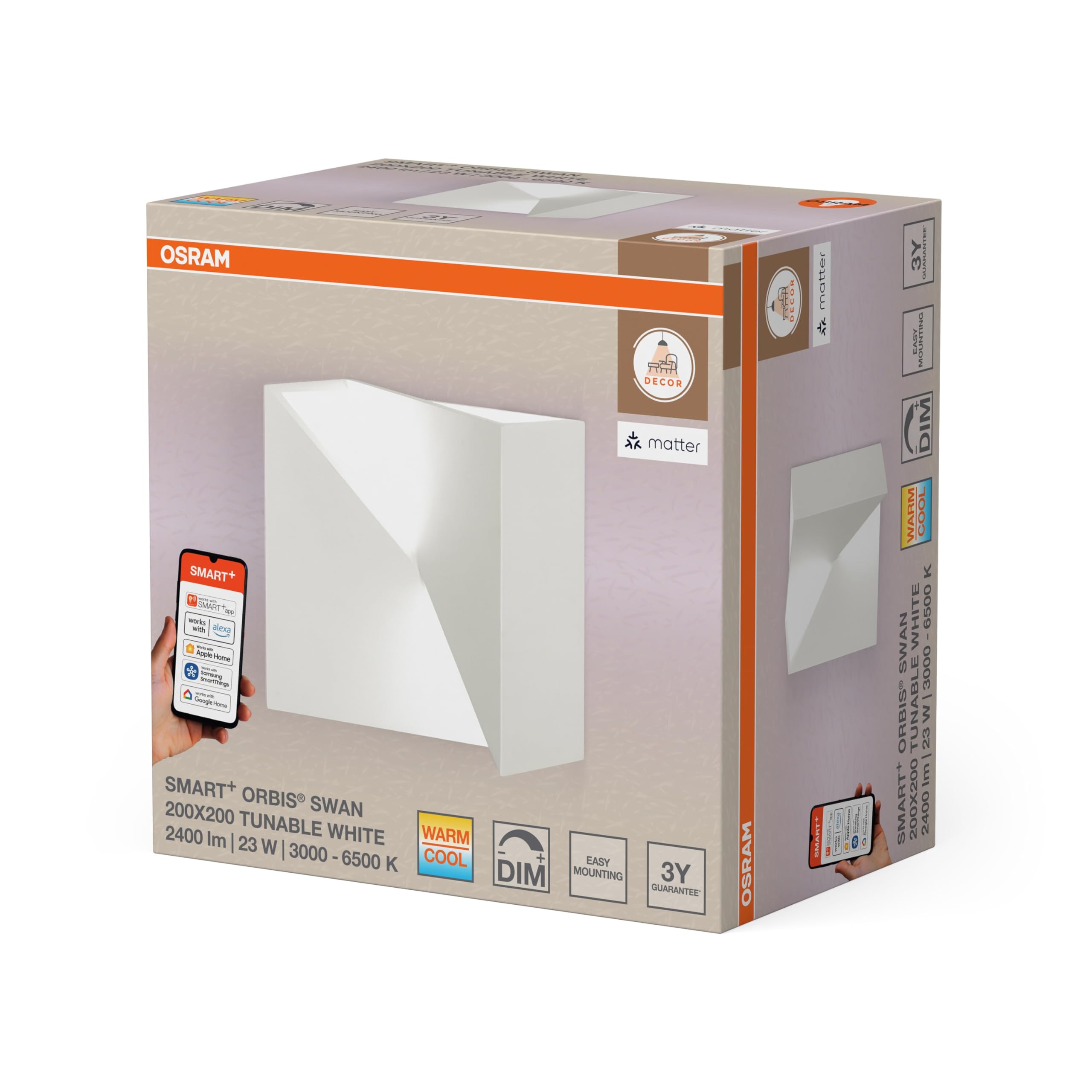 OSRAM SMART+ Matter Wall Swan Lampa ścienna LED Biała 200x200mm, 23W, 1300lm, TW 3000-6500K, WiFi, Alexa, Gips