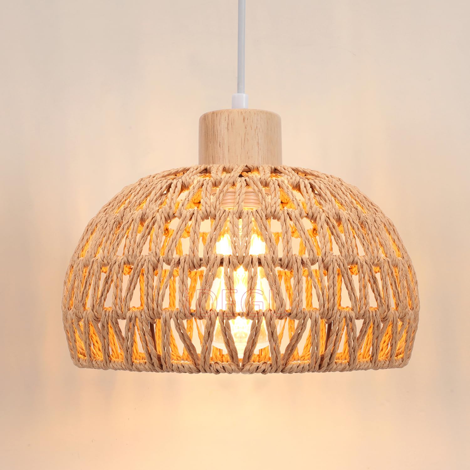 iDEGU 25cm Lámpara Colgante Vintage Luz Plafón Pantalla de Ratán y Madera Retro E27 Iluminación Colgante Estilo Bohemio Lámpara de Techo para Dormitorio Cocina Comedor Pasillo Salón (Ratán Marrón)