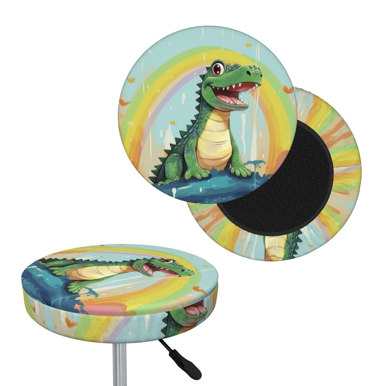 NONHAI Cute Crocodile Rainbow Bar Stool Cover Round Elastic Stool Cushion Covers Dustproof Bar Chair Cover Washable Stool Cushion Slipcover Stretch Stool Seat Covers for 12-14 Inch Chair