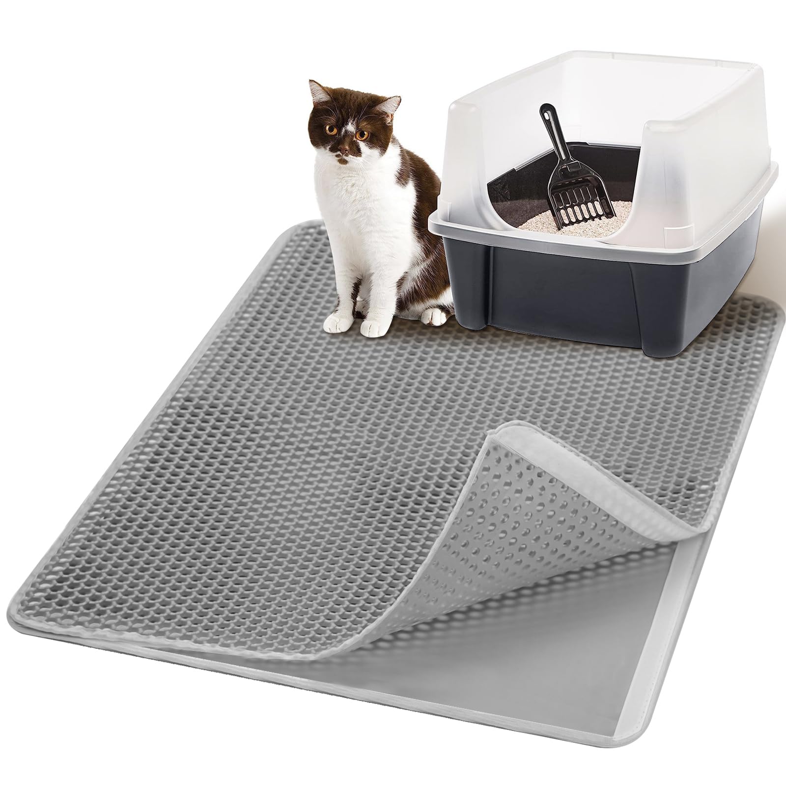 Cat Litter Mat, 30"x 24" Honeycomb Cat Litter Trapping Mat, Detachable Double Layer Cat Litter Box Mat, Urine Proof Waterproof Kitty Litter Mat, EVA Cat Litter Catcher Mat, Easy Clean, Washable, Gray