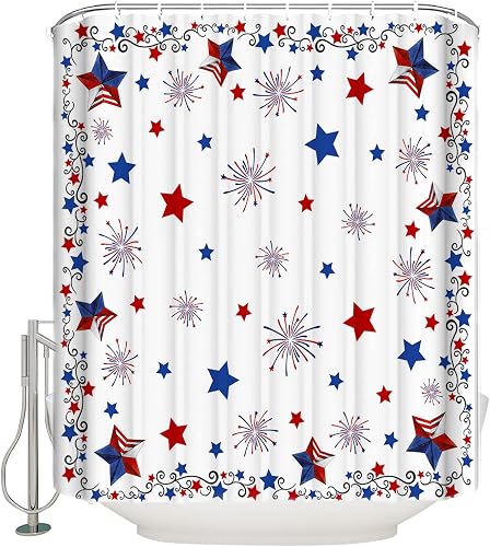 4th of July Shower Curtain Patriotic Stars Bathroom Curtains with Hooks, Waterpr