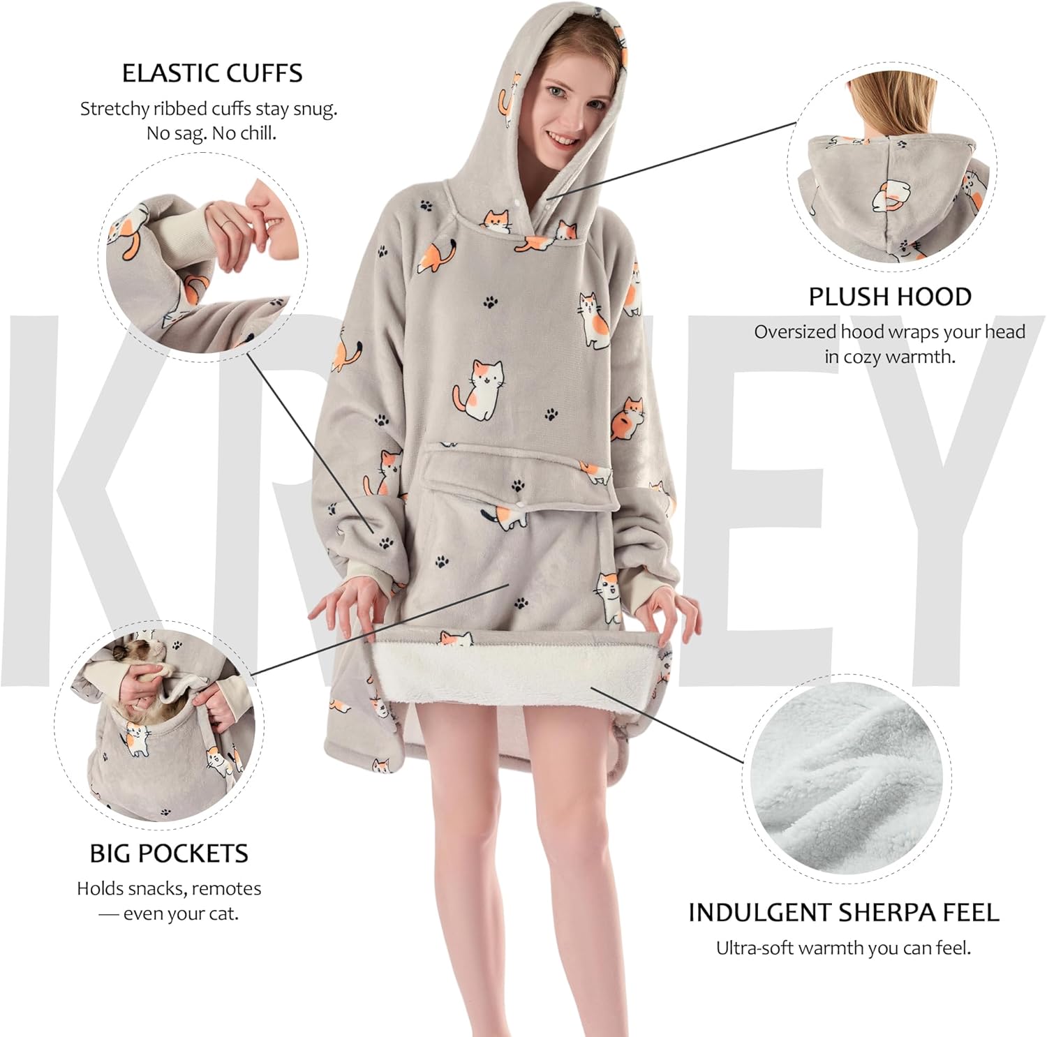 Krifey Wearable Blanket Hoodie, Oversized Sherpa Fleece Sweatshirt with Giant Pocket, Birthday Gifts for Women, Mom, Sister, Chill Cat - Image 4
