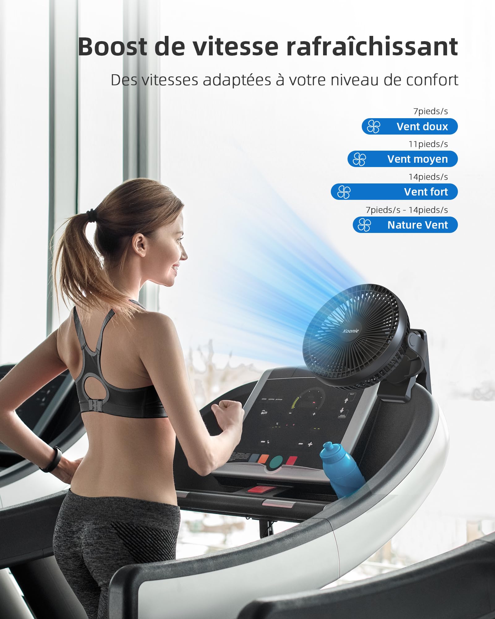Koonie Ventilateur à Clip à Piles 10000 mAh 20CM, Ventilateur USB portable, 4 Vitesses, débit d'air puissant, Pince Robuste pour Bureau Personnel, Voiture de Golf, Voyage en plein air, Camping (Noir)