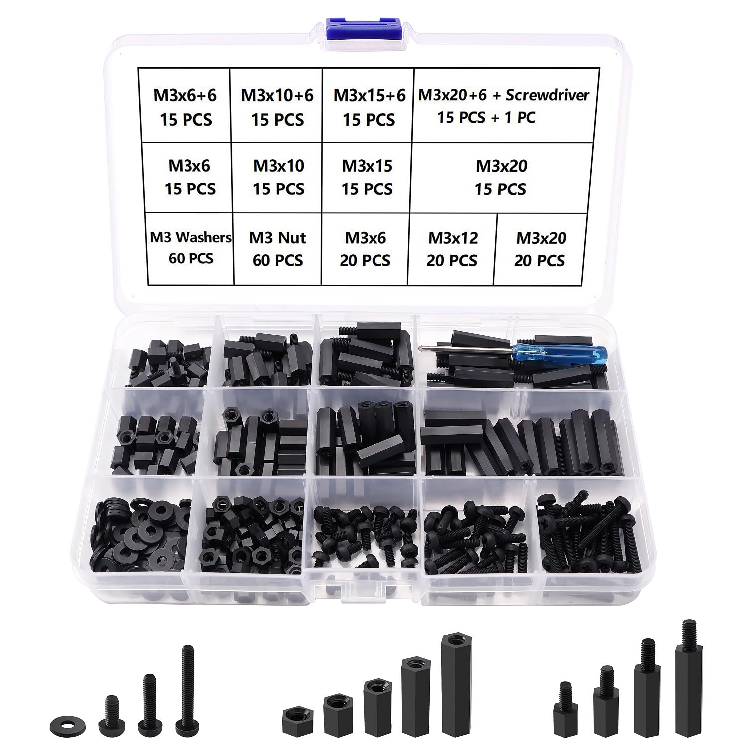 Lyeteung 300 PCS M3 Male Female Nylon Hex Spacer Standoff Screw Nut Threaded Pillar Assorted Assortment Kit, with Screwdriver, for PCB Board Motherboard, Black