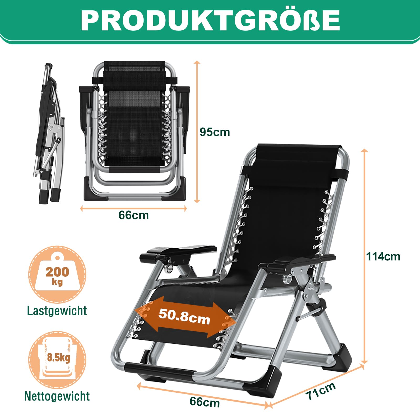 Sonnenliege Liegestuhl Klappbar, 200KG Belastbar Zero Gravity Chair mit Kissen Unterstützung Getränkehalter, Extra Breit Verstellbare Gartenliege für Patio-Garten-Strand-Pool